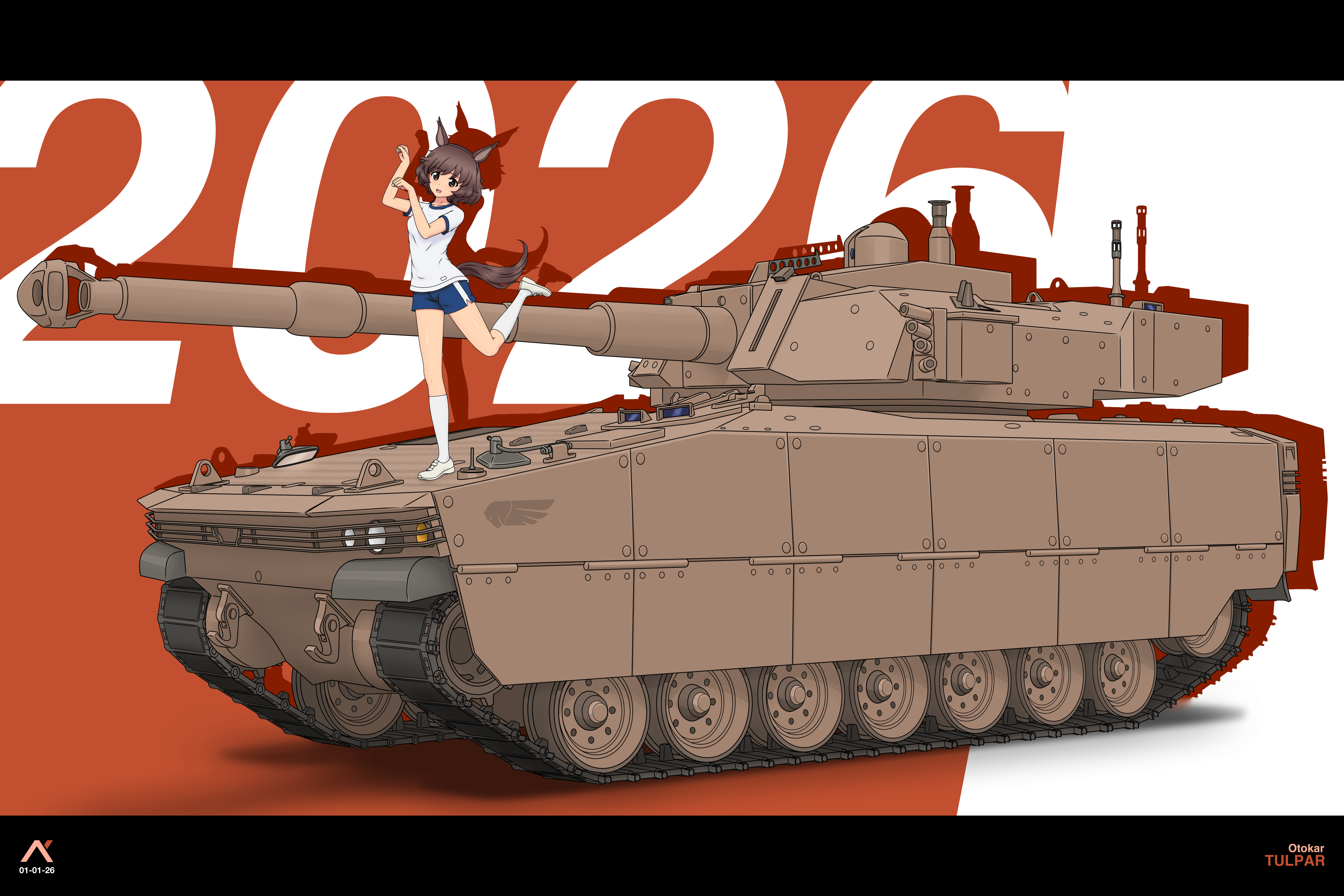 acrux, akiyama yukari, girls und panzer, absurdres, annotated, commentary, english commentary, highres, 1girl, 2026, animal ears, artist logo, blue shorts, brown eyes, brown hair, dated, gym shirt, gym shorts, gym uniform, happy new year, horse ears, horse tail, kemonomimi mode, legs up, logo, looking at viewer, new year, open mouth, otokar tulpar, paw pose, shirt, shoes, short hair, short shorts, short sleeves, shorts, single vertical stripe, smile, socks, solo, standing, standing on one leg, tail, text background, vehicle focus, white shirt, white shoes, white socks