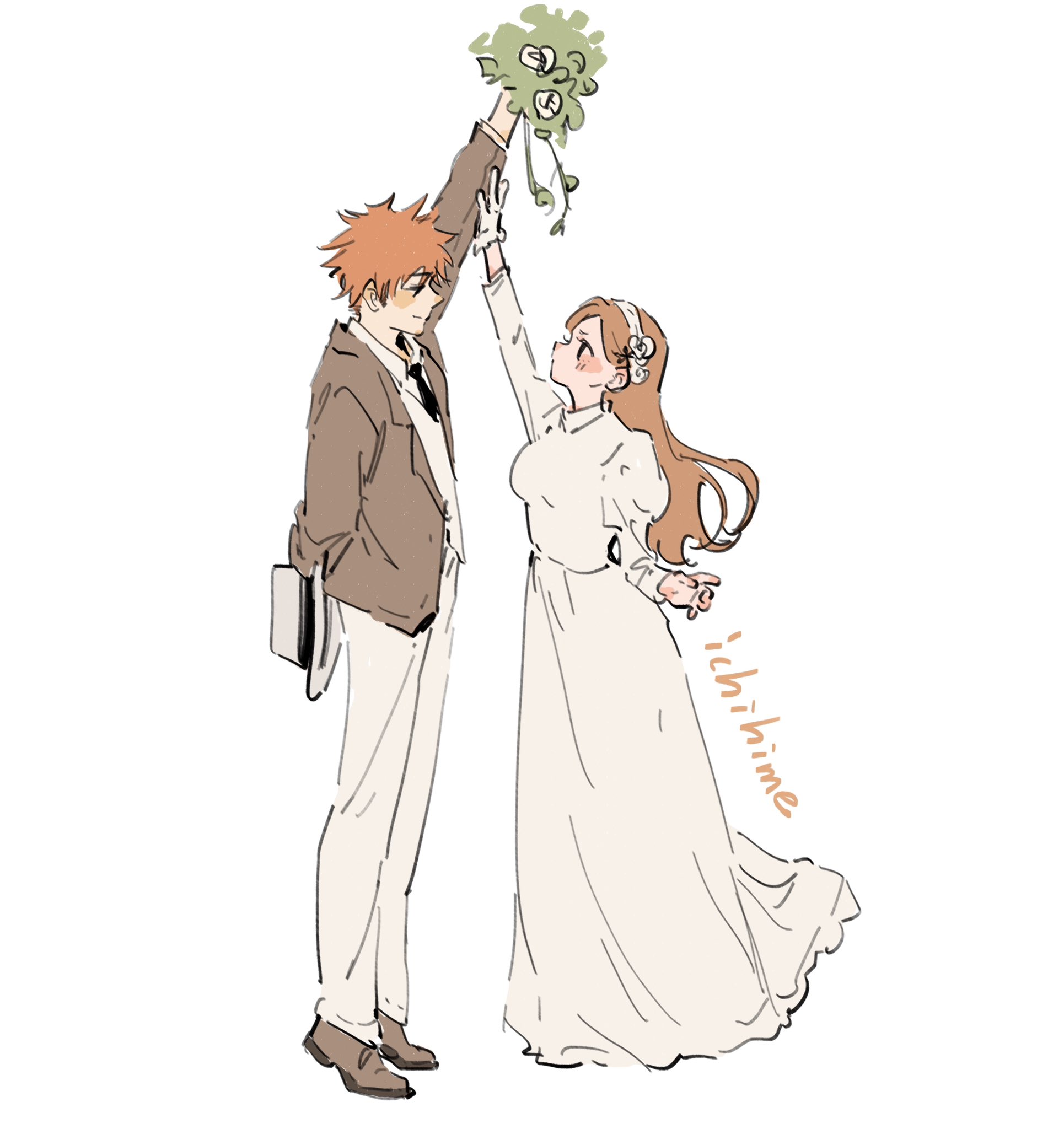 guanfive, inoue orihime, kurosaki ichigo, bleach, commentary request, highres, 1boy, 1girl, black necktie, blush, bouquet, breasts, brown hair, brown jacket, brown shoes, collared shirt, couple, dress, fedora, flower, full body, hair flower, hair ornament, hairband, hat, hetero, holding, holding bouquet, holding unworn clothes, holding unworn hat, jacket, juliet sleeves, long dress, long hair, long sleeves, looking at another, medium breasts, necktie, orange hair, panties, parted bangs, puffy sleeves, ship name, shirt, shoes, short hair, smile, spiked hair, suit jacket, underwear, unworn hat, unworn headwear, vest, waistcoat, white dress, white hairband, white hat, white panties, white shirt, white vest