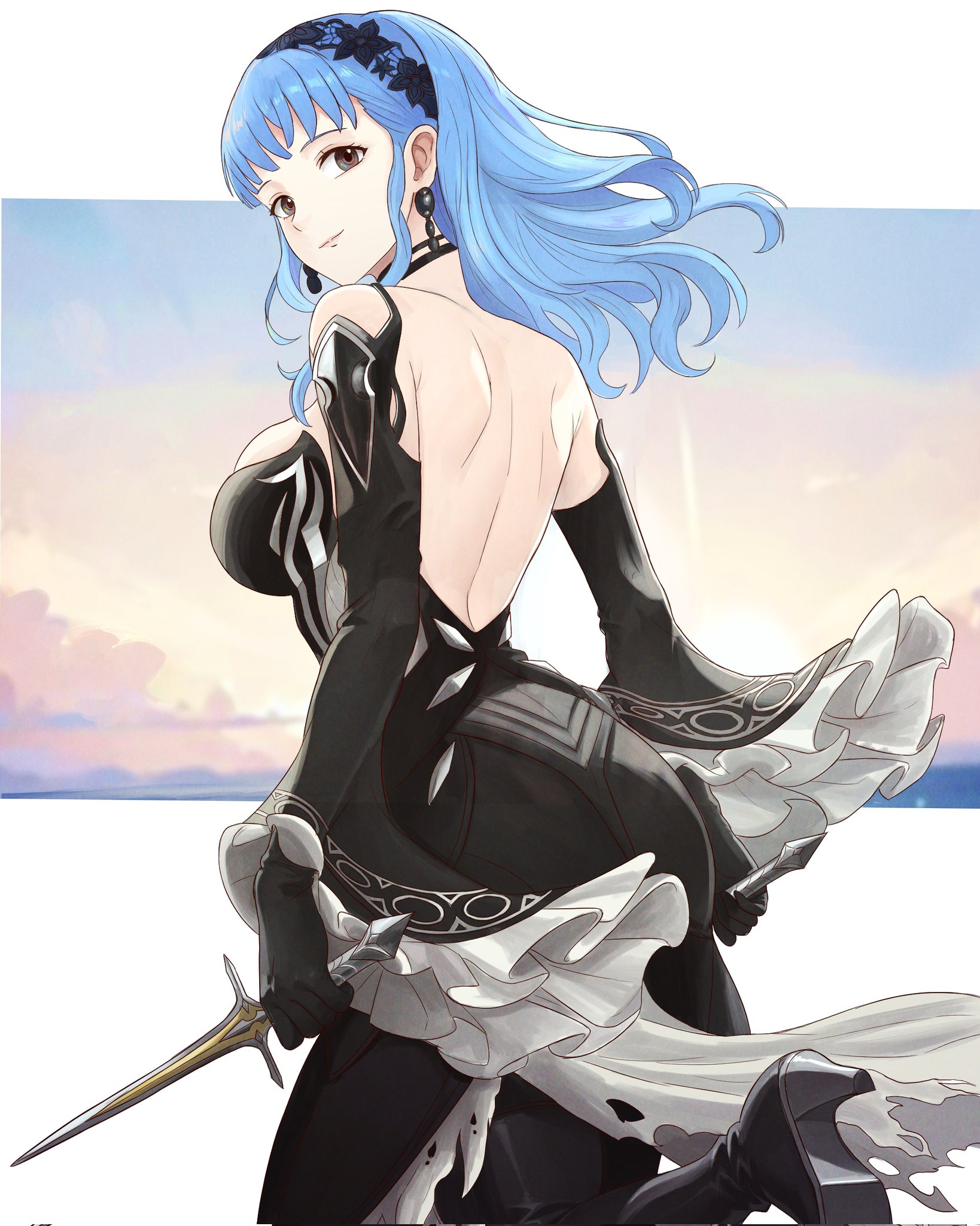 truejekart, eir (fire emblem), marianne von edmund, fire emblem, fire emblem: three houses, fire emblem heroes, fire emblem warriors: three hopes, nintendo, commentary, english commentary, highres, second-party source, 1girl, alternate costume, ass, backless dress, backless outfit, bare back, black boots, black dress, black gloves, black hairband, blue hair, boots, breasts, brown eyes, choker, closed mouth, cosplay, dagger, dress, earrings, eir (fire emblem) (cosplay), from behind, gloves, hairband, high heels, holding, holding dagger, holding knife, holding weapon, jewelry, knife, large breasts, leg up, long hair, long sleeves, looking back, official alternate hairstyle, outdoors, skindentation, smile, solo, sunset, thigh boots, walking, weapon