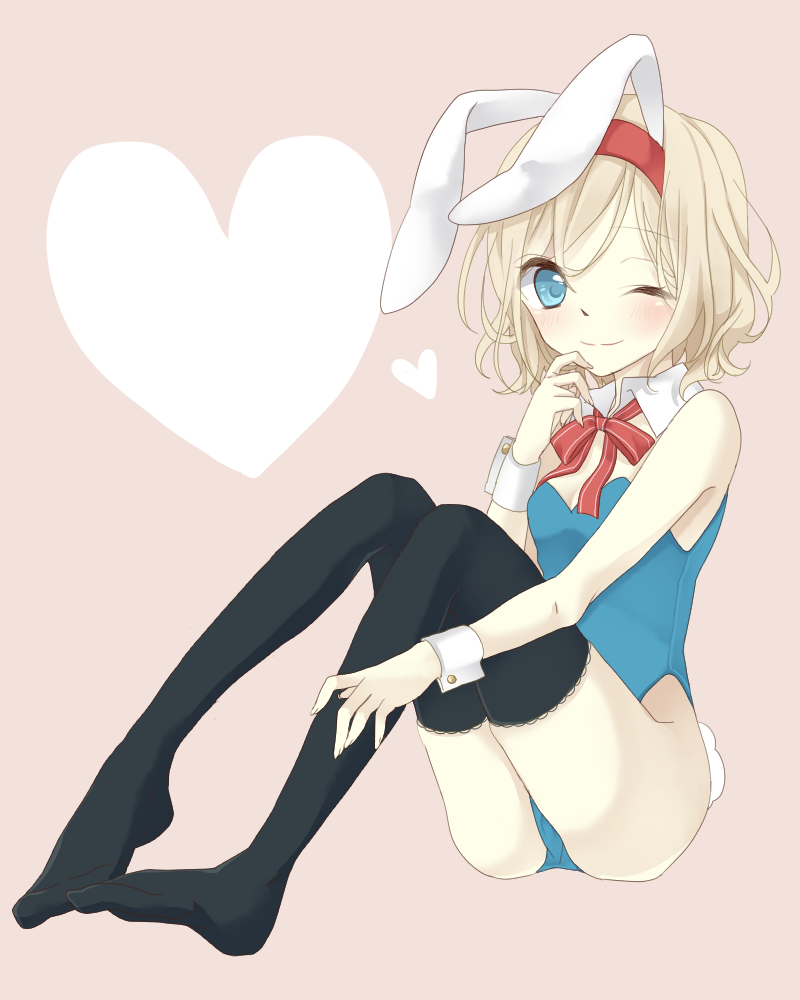tsuno no hito, alice margatroid, touhou, commentary request, 1girl, alternate costume, animal ear hairband, animal ears, black thighhighs, blonde hair, blue eyes, blue leotard, blush, bow, bowtie, breasts, cleavage, closed mouth, detached collar, fake animal ears, hairband, heart, leotard, one eye closed, pink background, playboy bunny, rabbit ear hairband, rabbit ears, rabbit tail, red bow, red bowtie, red hairband, small breasts, smile, solo, strapless, strapless leotard, tail, thighhighs, wrist cuffs