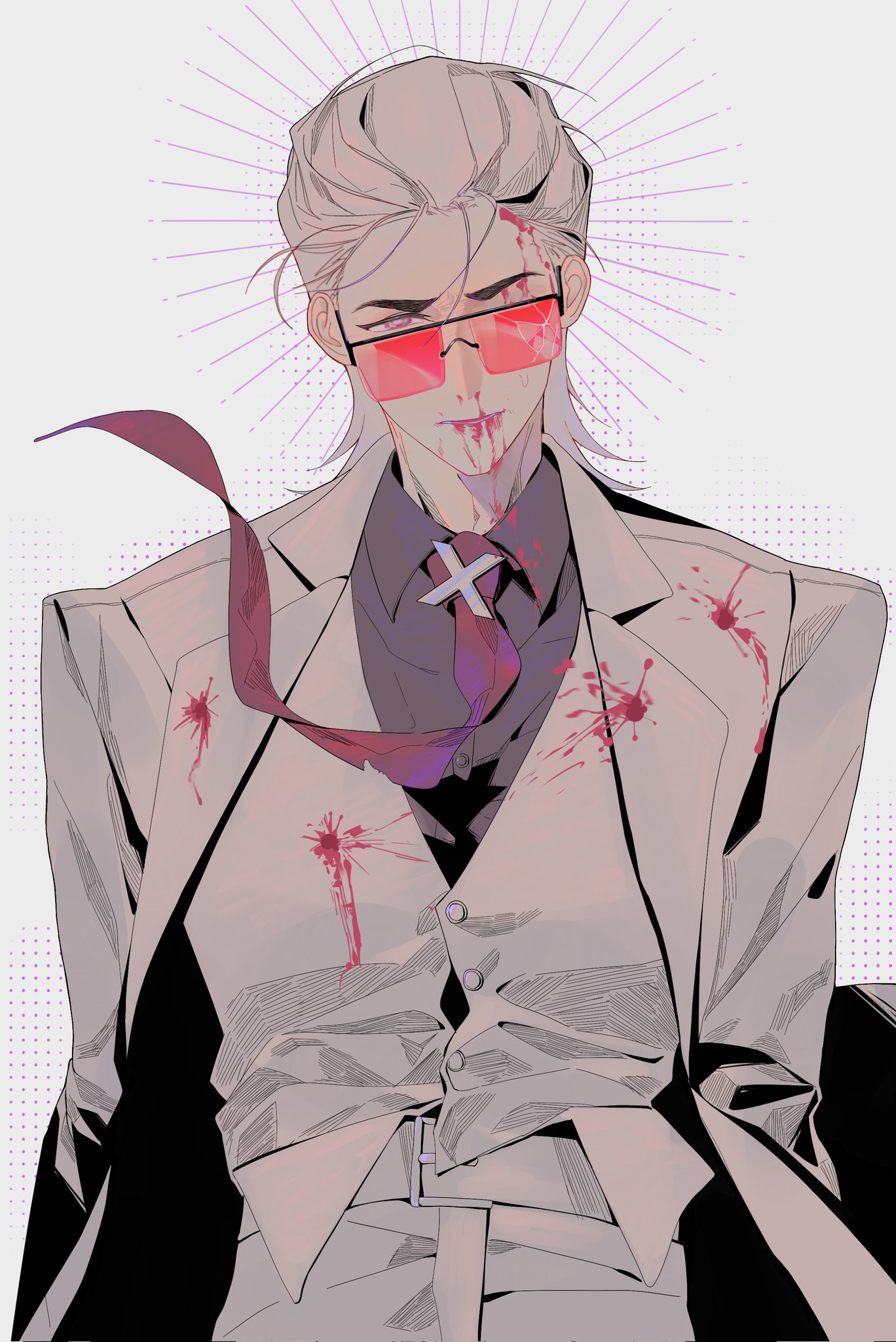 x (to be hero x), to be hero x, commentary, english commentary, highres, 1boy, belt, belt buckle, black shirt, blood, blood on clothes, buckle, coat, collared shirt, cowboy shot, floating neckwear, hair slicked back, lapels, long sleeves, male focus, naiann49374, necktie, notched lapels, orange-tinted eyewear, pants, red necktie, shirt, solo, sunglasses, tinted eyewear, vest, white coat, white hair, wing collar