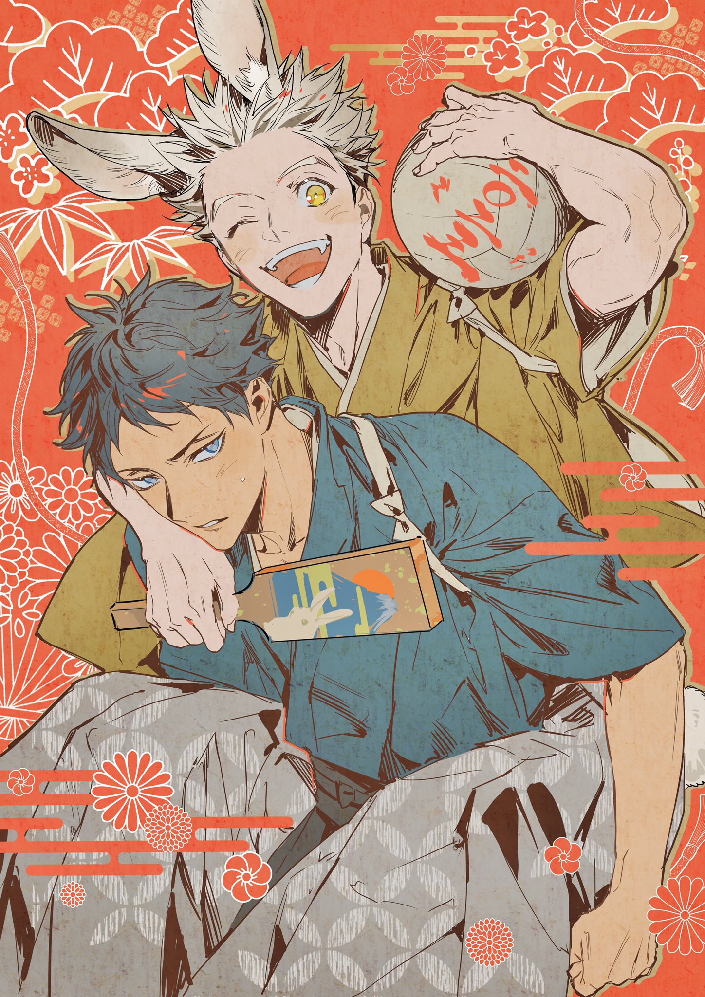 bikkusama, akaashi keiji, bokuto koutarou, haikyuu!!, commentary request, highres, translation request, 2boys, ball, black hair, blue eyes, carrying, chinese zodiac, closed mouth, egasumi, fangs, grey hair, holding, holding ball, holding paddle, japanese clothes, looking at viewer, male focus, multicolored hair, multiple boys, one eye closed, paddle, piggyback, red background, short hair, simple background, teeth, two-tone hair, year of the rabbit, yellow eyes