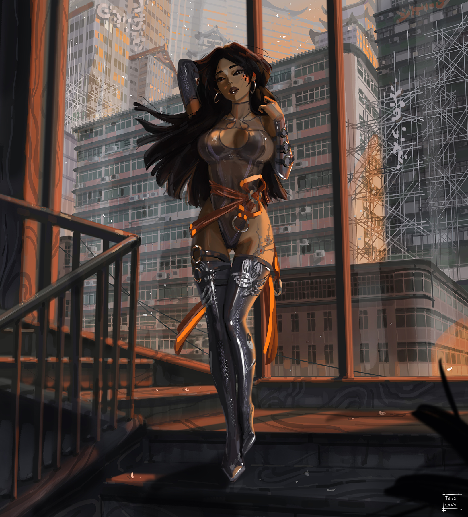 tatti art, psylocke, marvel, marvel rivals, commentary, english commentary, highres, paid reward available, variant set, 1girl, architecture, arm up, artist name, black hair, breasts, building, cleavage cutout, clothing cutout, earrings, east asian architecture, from below, gluteal fold, head tilt, highleg, highleg leotard, hoop earrings, indoors, jewelry, large breasts, leotard, long hair, parted lips, sash, skyscraper, solo, stairs, superhero costume, thigh gap, thighhighs, waist sash, window