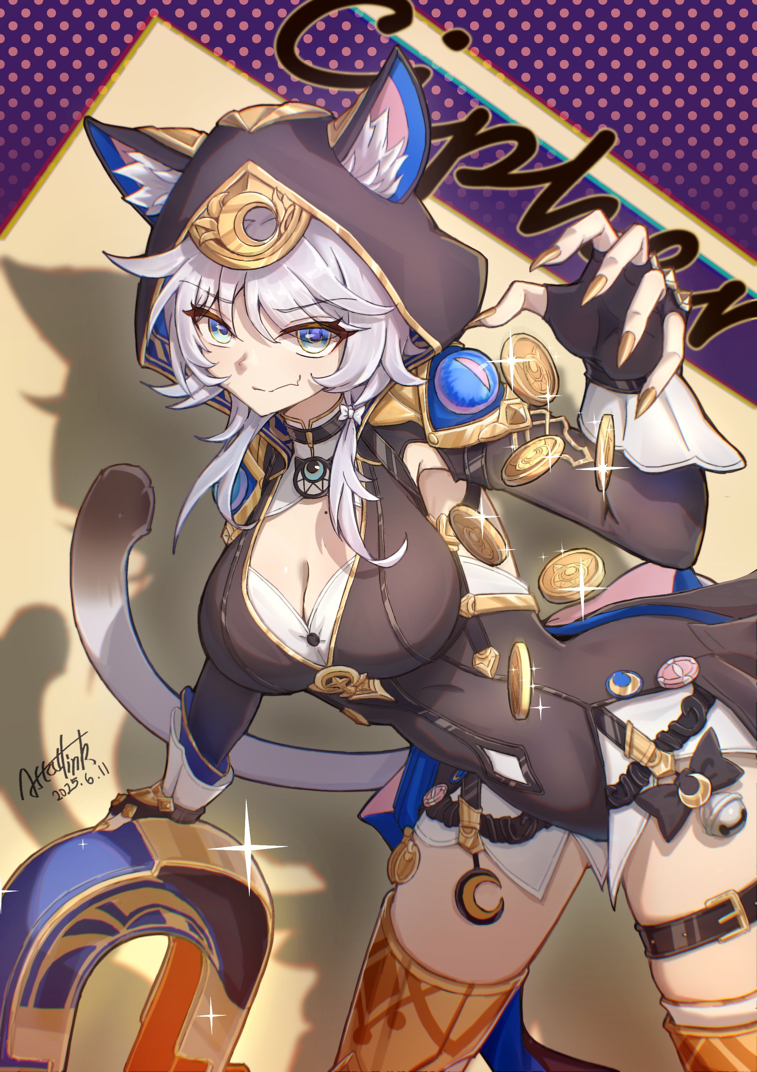 astartlink, cipher (honkai: star rail), honkai: star rail, honkai (series), absurdres, highres, 1girl, animal ear fluff, animal ears, animal hood, artist name, belt, black leotard, blue eyes, boots, breasts, cat ears, cat girl, cat hood, cat tail, character name, coin, dated, gold boots, gold coin, grey hair, holding magnet, hood, hooded leotard, large breasts, leotard, looking at viewer, mole, mole on breast, short hair with long locks, shorts, solo, tail, thigh belt, thigh strap, thighs, white shorts, yellow nails