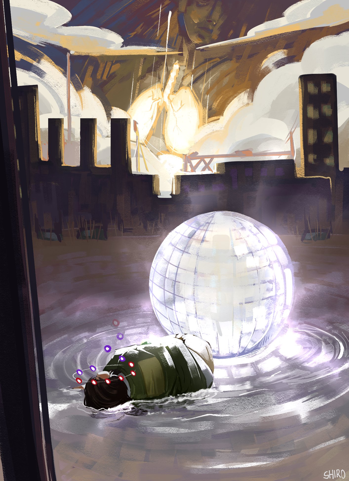harry du bois, disco elysium, commentary, english commentary, highres, 1boy, blazer, brown hair, curled up, disco ball, glowing organ, green jacket, jacket, lungs, lying, male focus, on side, ripples, shiroshark, short hair, skyline, solo, water