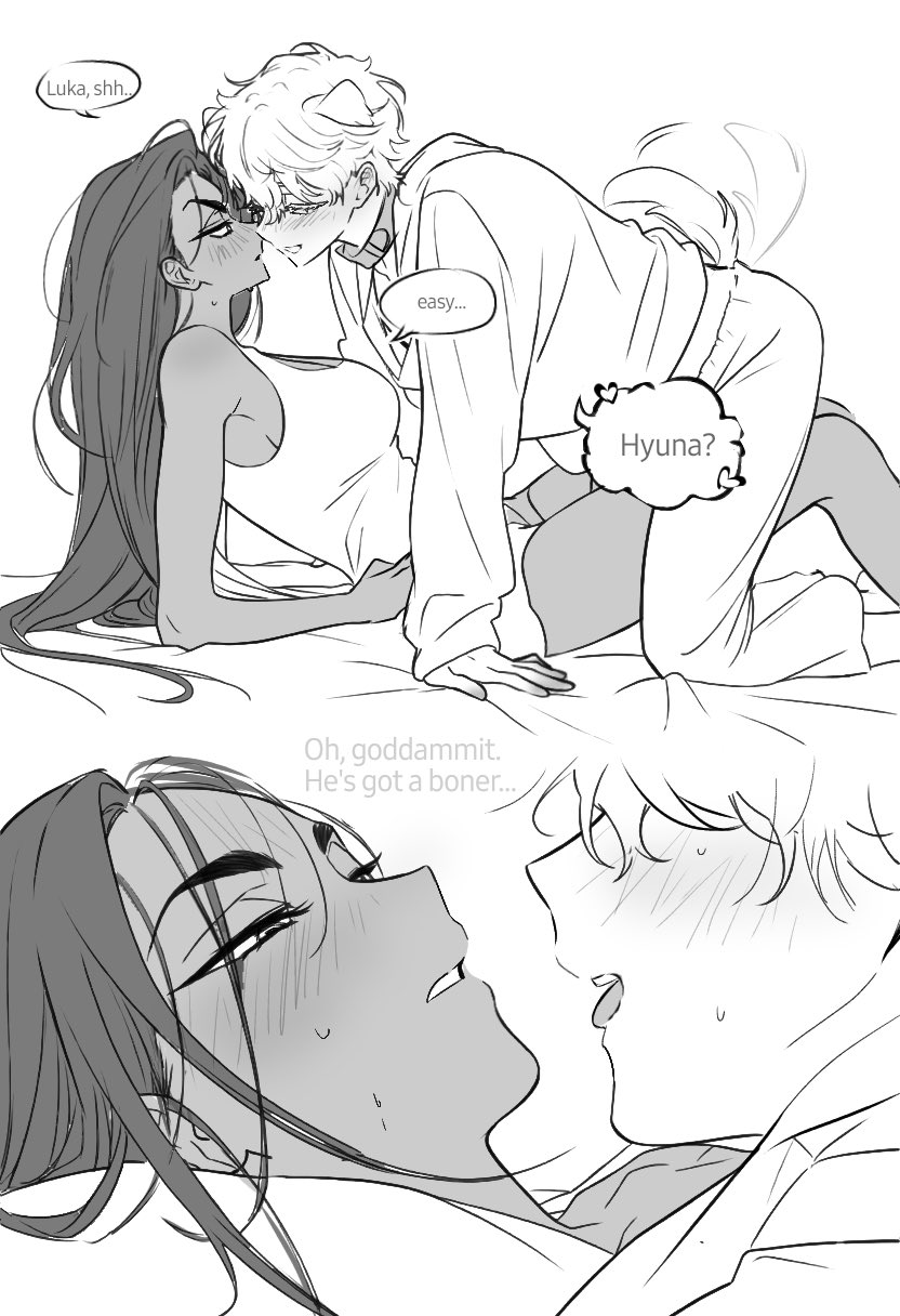 hyuna (alien stage), luka (alien stage), alien stage, commentary, hashtag-only commentary, highres, 1boy, 1girl, animal collar, animal ears, collar, dog boy, dog ears, dog tail, english text, greyscale, hetero, long hair, lubya, monochrome, pants, shirt, short hair, tail, tail wagging, tank top, very short hair