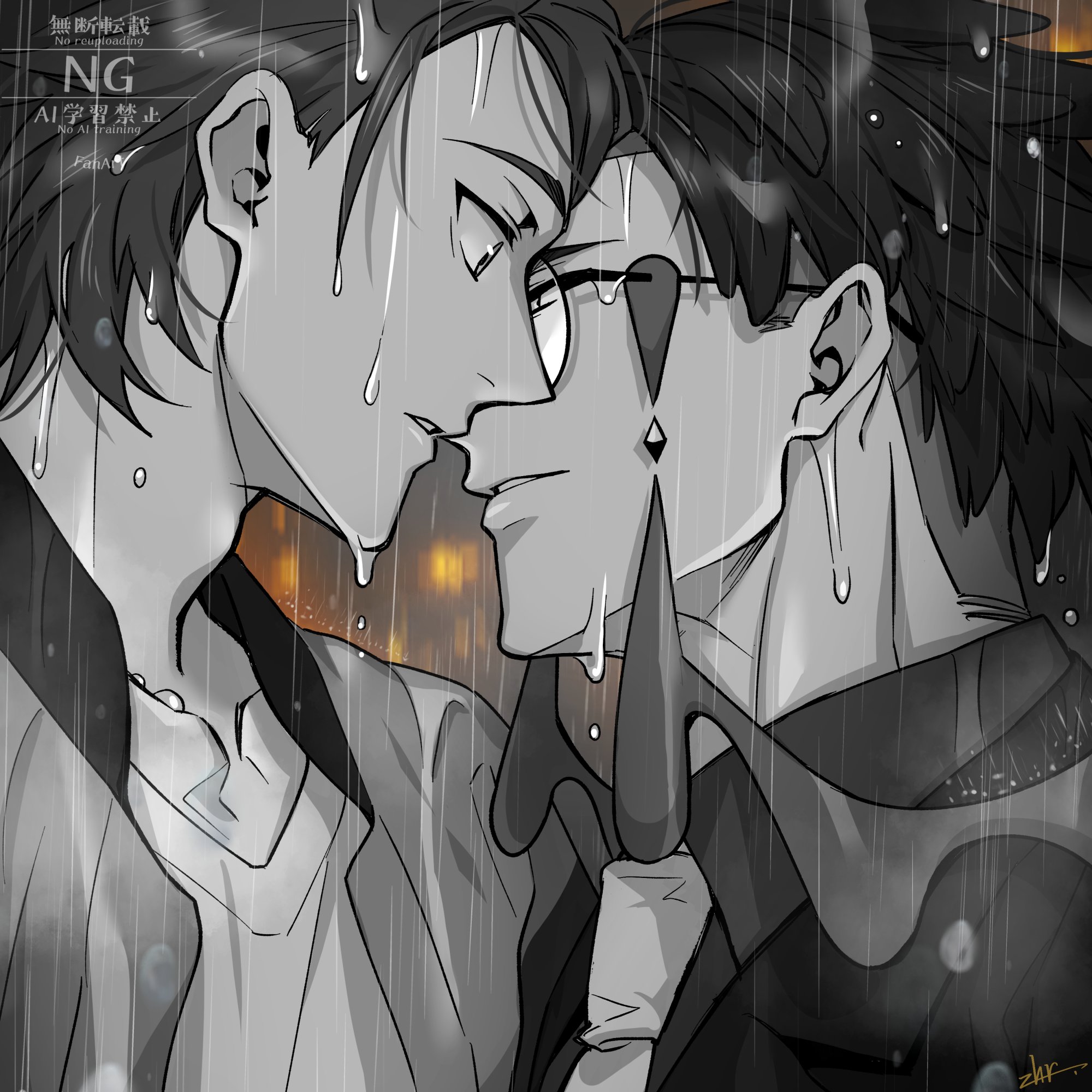 zhr 000g, corbeau (pokemon), paxton (pokemon), nintendo, pokemon, pokemon legends: z-a, commentary request, highres, 2boys, adam's apple, collared shirt, glasses, imminent kiss, jacket, male focus, multiple boys, necktie, parted lips, profile, rain, shirt, short hair, upper body, v-neck, watermark, wet, wet hair, wing collar, yaoi