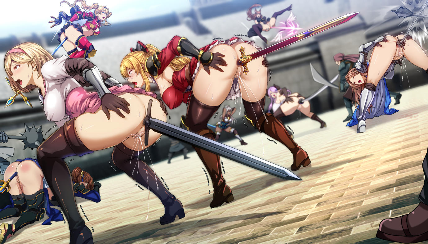 daiaru, djeeta (granblue fantasy), narmaya (granblue fantasy), vira (granblue fantasy), granblue fantasy, character request, commentary request, 6+boys, anal, anal object insertion, ass, bent over, blonde hair, blurry, blurry background, bow (weapon), breasts, brown hair, change in common sense, covered erect nipples, dark-skinned female, dark skin, dress, female ejaculation, katana, large breasts, long hair, multiple boys, object insertion, pink skirt, polearm, purple hair, pussy, pussy juice, red dress, rolling eyes, shirt, short hair, skirt, spear, sword, sword in ass, top-down bottom-up, variant set available, weapon, white shirt