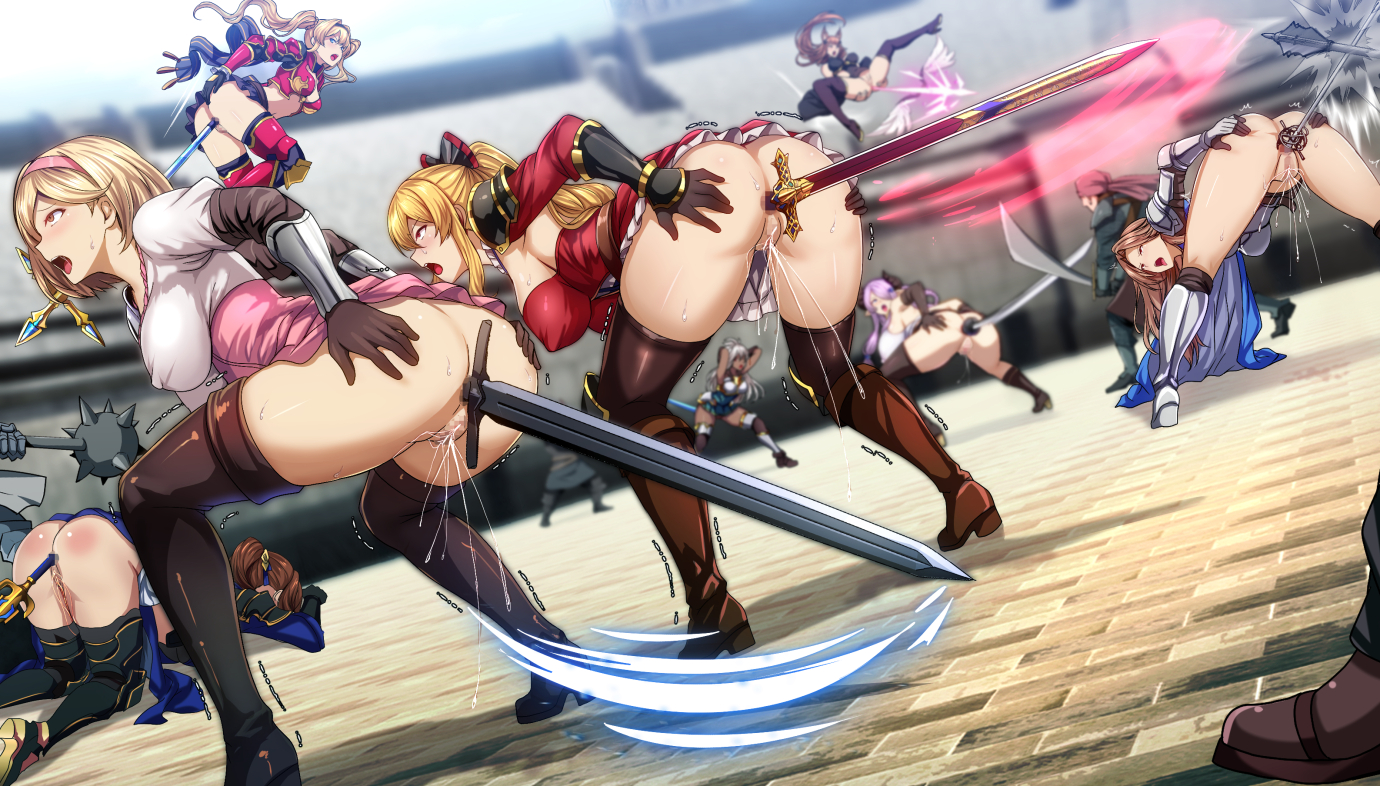daiaru, djeeta (granblue fantasy), narmaya (granblue fantasy), vira (granblue fantasy), granblue fantasy, character request, commentary request, 6+boys, anal, anal object insertion, ass, bent over, blonde hair, blurry, blurry background, bow (weapon), breasts, brown hair, change in common sense, covered erect nipples, dark-skinned female, dark skin, dress, female ejaculation, katana, large breasts, long hair, multiple boys, object insertion, pink skirt, polearm, purple hair, pussy, pussy juice, red dress, rolling eyes, shirt, short hair, skirt, spear, sword, sword in ass, top-down bottom-up, variant set available, weapon, white shirt