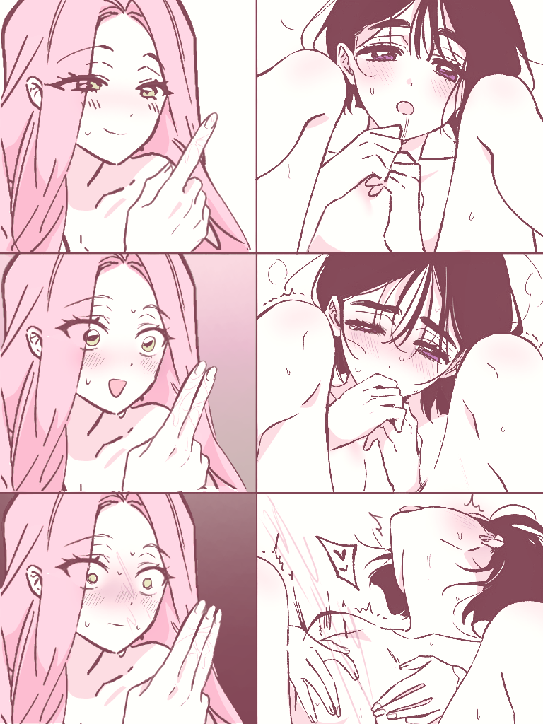 mizi (alien stage), sua (alien stage), alien stage, commentary, english commentary, 2girls, black hair, drooling, head back, implied fingering, long hair, lubya, multiple girls, open mouth, pink hair, purple eyes, saliva, short hair, yellow eyes, yuri