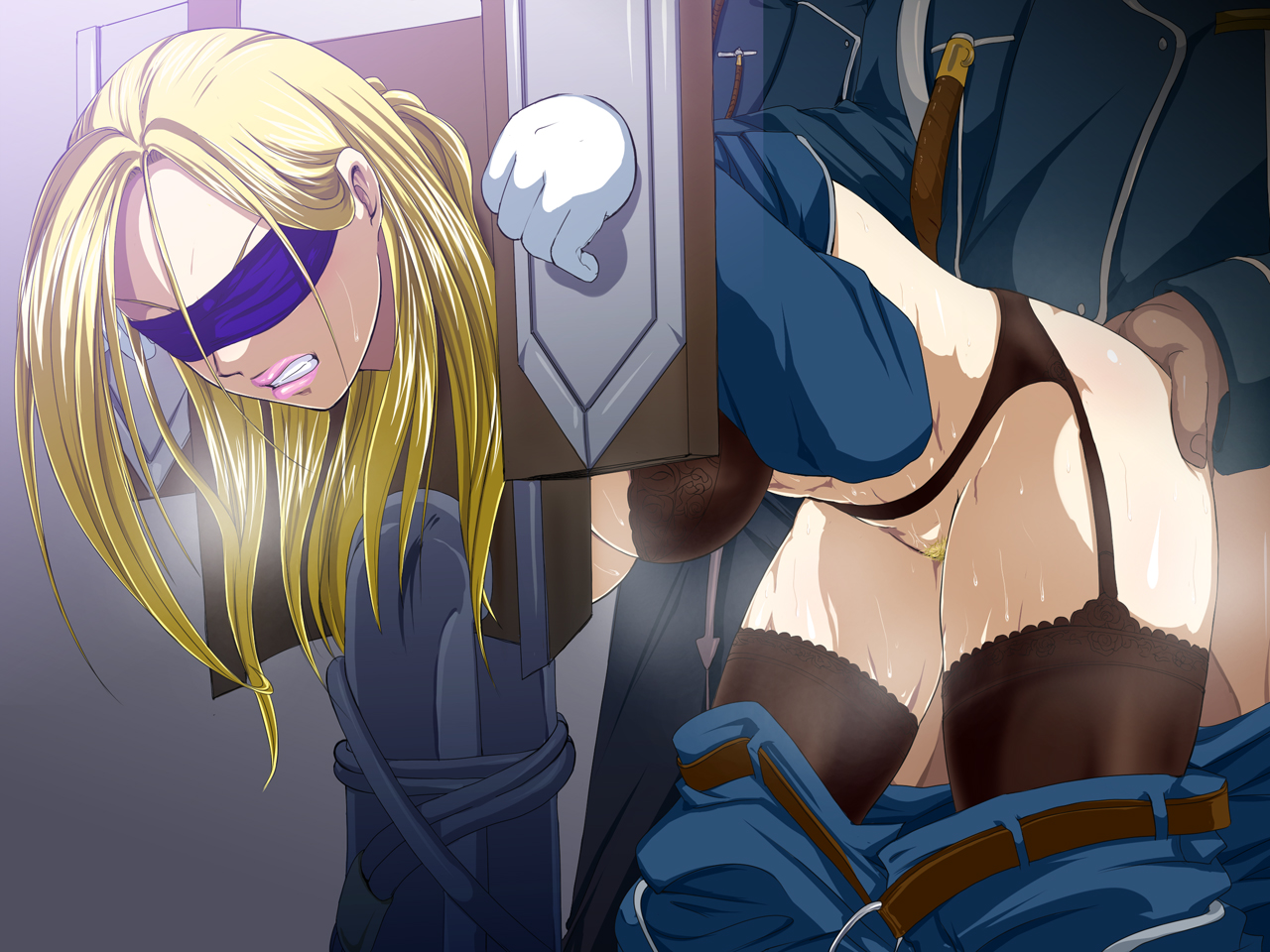 raburebo, olivier mira armstrong, fullmetal alchemist, ass grab, variant set, 00s, 1girl, 2boys, angry, ass, bdsm, belt, bent over, blindfold, blonde hair, blush, bondage, bound, bound wrists, bra, breasts, clenched teeth, clothed sex, clothes pull, doggystyle, garter belt, gloves, lingerie, lipstick, long hair, makeup, medium breasts, multiple boys, pants, pants pull, pillory, pubic hair, rape, sex, sex from behind, stocks, sweat, teeth, thighhighs, underwear, undressing