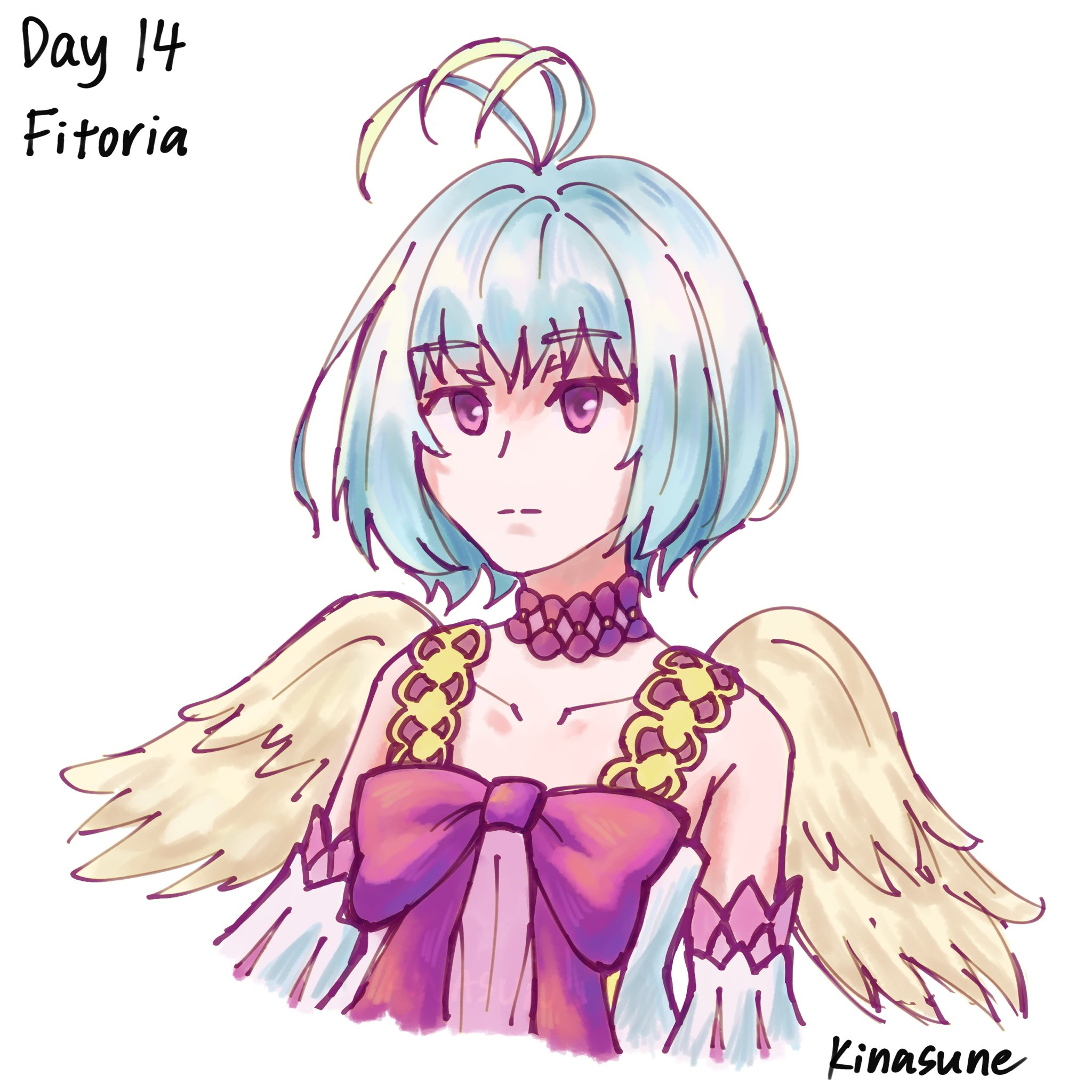 fitoria (tate no yuusha no nariagari), tate no yuusha no nariagari, commentary, english commentary, highres, 1girl, :|, alternate wing color, antenna hair, artist name, bare shoulders, bird girl, bird wings, bow, character name, chest bow, choker, closed mouth, collarbone, cropped torso, dress, english text, expressionless, feathered wings, flat chest, kinasune, looking at viewer, medium hair, pink bow, pink choker, pink dress, pink eyes, pink sleeves, signature, simple background, solo, upper body, white background, white dress, white sleeves, wings, yellow wings