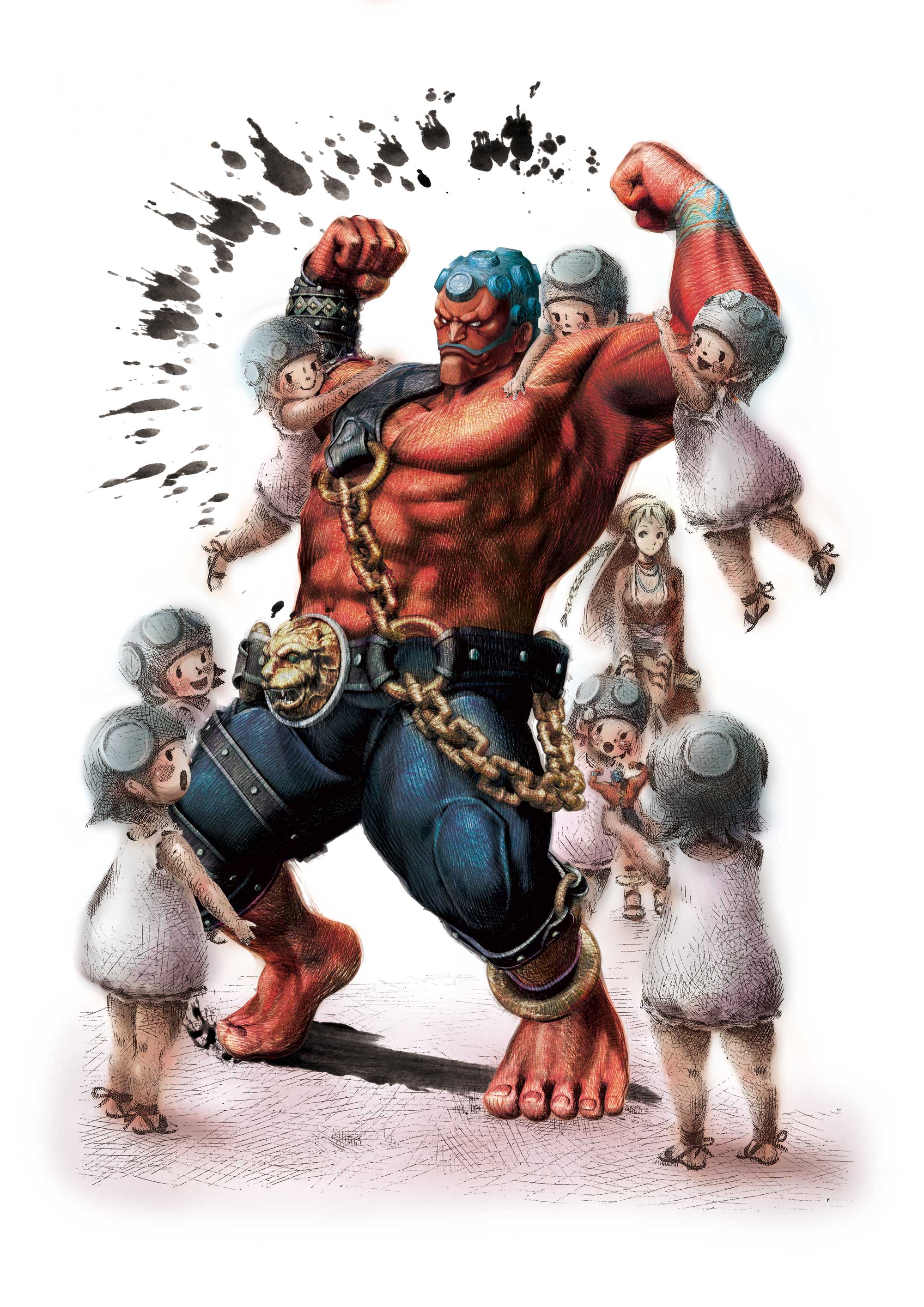 ikeno daigo, hakan, hakan's daughter, hakan's daughters, hakan's wife, capcom, street fighter, street fighter iv (series), absurdres, highres, official art, 1boy, 6+girls, age difference, blue hair, child, colored skin, family, family bonding, father and daughter, height difference, manly, multiple girls, muscular, realistic, red skin, size difference