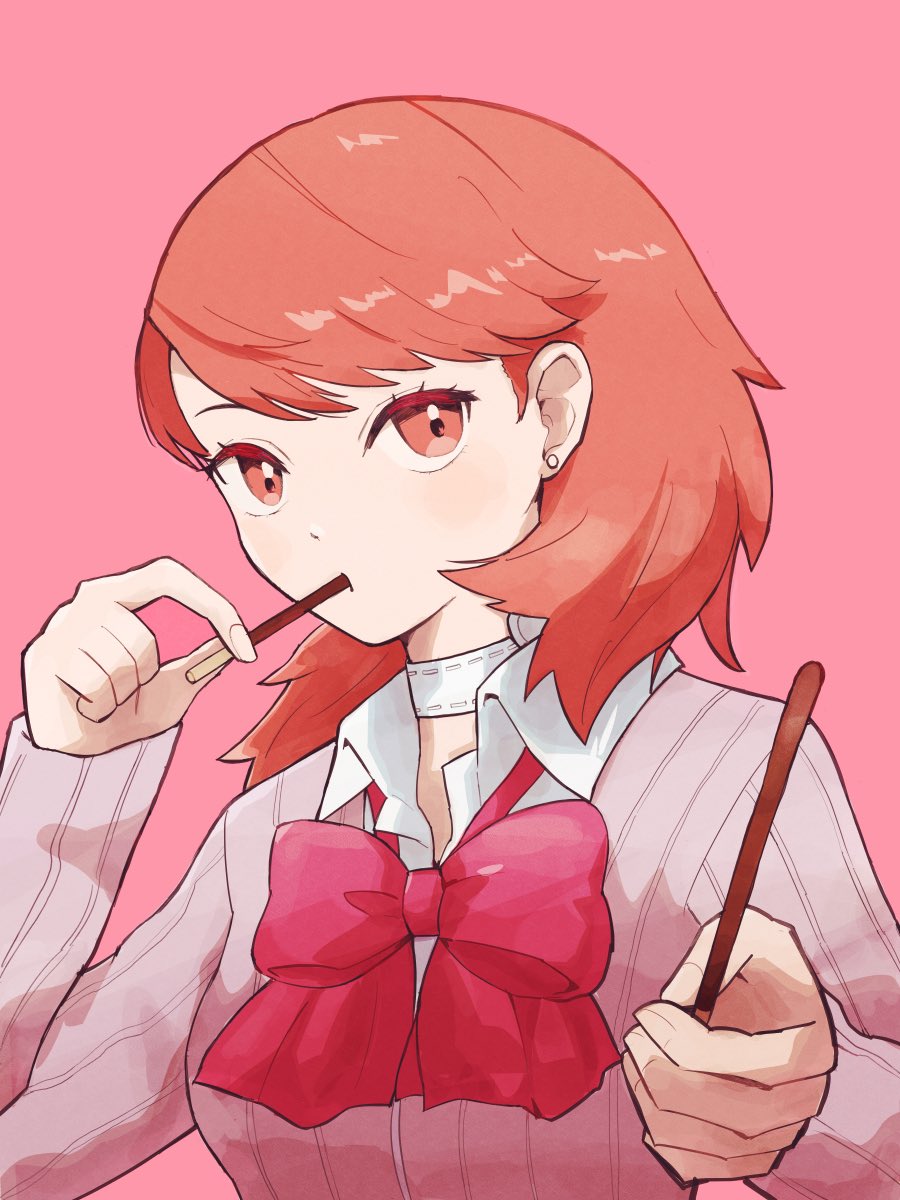 moko0143, takeba yukari, persona, persona 3, commentary request, highres, 1girl, blush, bow, bowtie, brown eyes, brown hair, cardigan, choker, closed mouth, earrings, flipped hair, food, food in mouth, heart, heart choker, holding, holding food, holding pocky, jewelry, long sleeves, looking at viewer, loose bowtie, medium hair, pink background, pink cardigan, pocky, pocky in mouth, pov, red bow, red bowtie, ribbed cardigan, shirt, solo, stud earrings, upper body, white choker, white shirt, wing collar