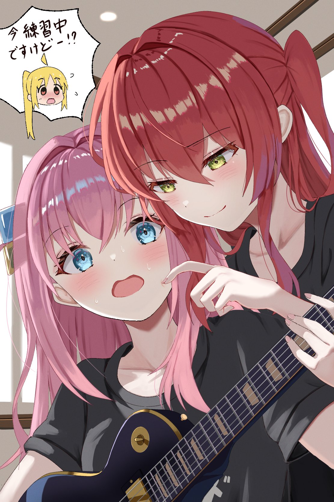 file112056, gotoh hitori, ijichi nijika, kita ikuyo, bocchi the rock!, commentary request, highres, translation request, 3girls, black shirt, blonde hair, blue eyes, blush, cube hair ornament, electric guitar, finger on another's head, flying sweatdrops, gibson les paul, guitar, hair ornament, holding, holding guitar, holding instrument, instrument, kessoku band, kessoku band logo, kessoku band t-shirt, long hair, multiple girls, open mouth, orange eyes, pink hair, red hair, shirt, side ahoge, side ponytail, smile, surprised, sweat, wide-eyed, yellow eyes, yuri