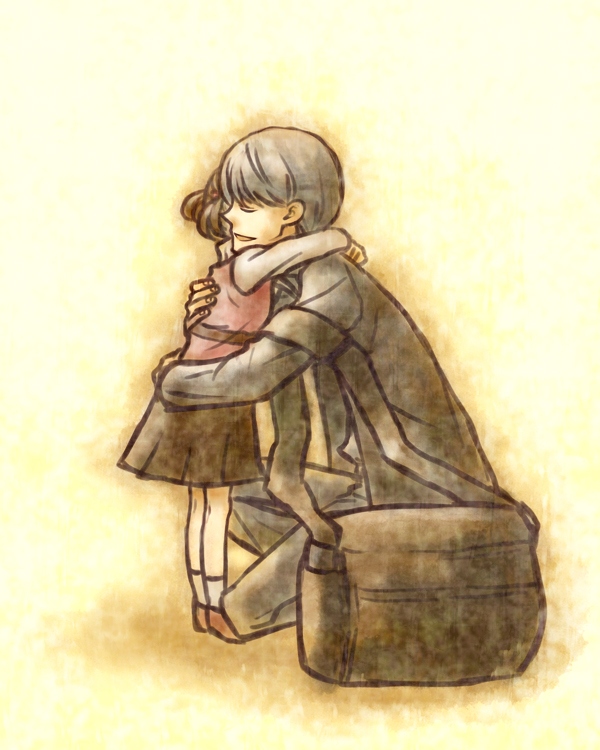 yoshida sei, doujima nanako, narukami yu, atlus, persona, persona 4, bag, brown hair, child, closed eyes, dress, family, grey hair, hug, short hair, skirt, smile, twintails