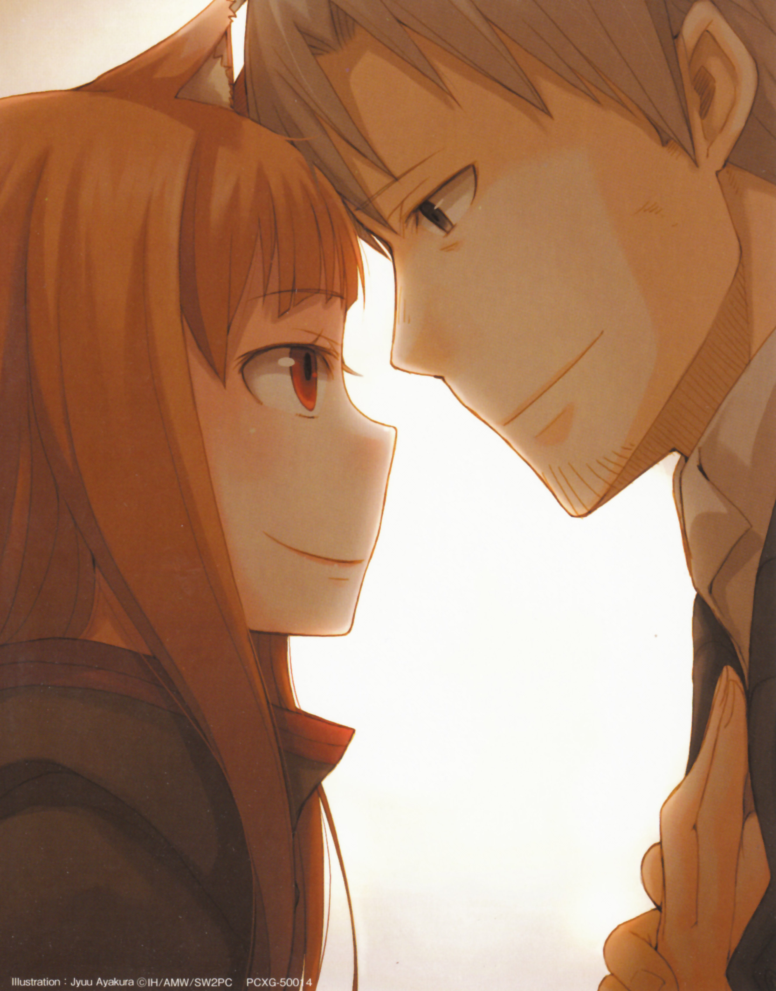 ayakura juu, craft lawrence, holo, spice and wolf, silver hair, absurdres, highres, official art, scan, 1boy, 1girl, animal ears, black eyes, brown hair, couple, hetero, holding hands, long hair, red eyes, short hair, smile, wolf ears