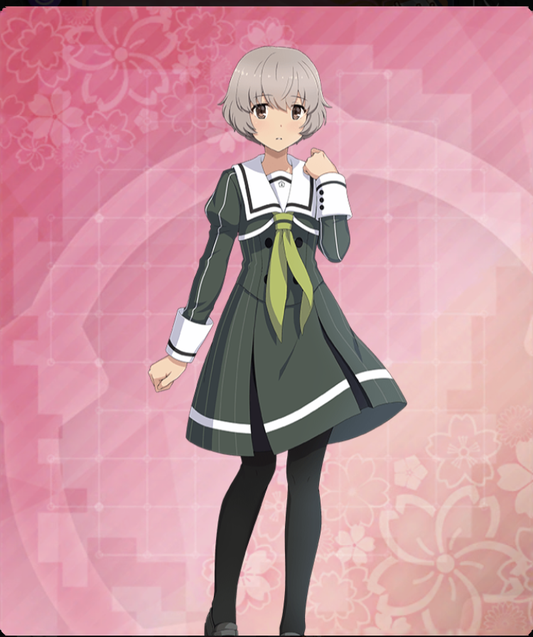 iwakura sanae, toji no miko, toji no miko: kizamishi issen no tomoshibi, game cg, official art, third-party source, variant set, 1girl, black pantyhose, black shoes, bob cut, brown eyes, buttons, clenched hands, closed mouth, dot nose, double-breasted, dress, feet out of frame, floral background, green dress, green neckerchief, grey hair, hand up, heijou institute school uniform, long sleeves, looking at viewer, neckerchief, pantyhose, pink background, pinstripe dress, pinstripe pattern, sailor collar, school uniform, shoes, short hair, solo, striped clothes, striped dress, vertical-striped clothes, vertical-striped dress, white sailor collar