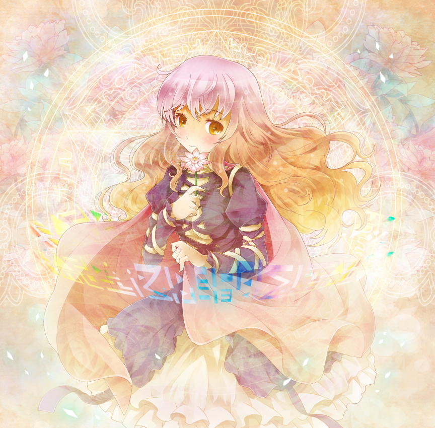 michii yuuki, hijiri byakuren, touhou, bad id, bad pixiv id, 1girl, cape, dress, female focus, flower, gradient hair, long hair, magic circle, multicolored hair, scroll, solo, yellow eyes