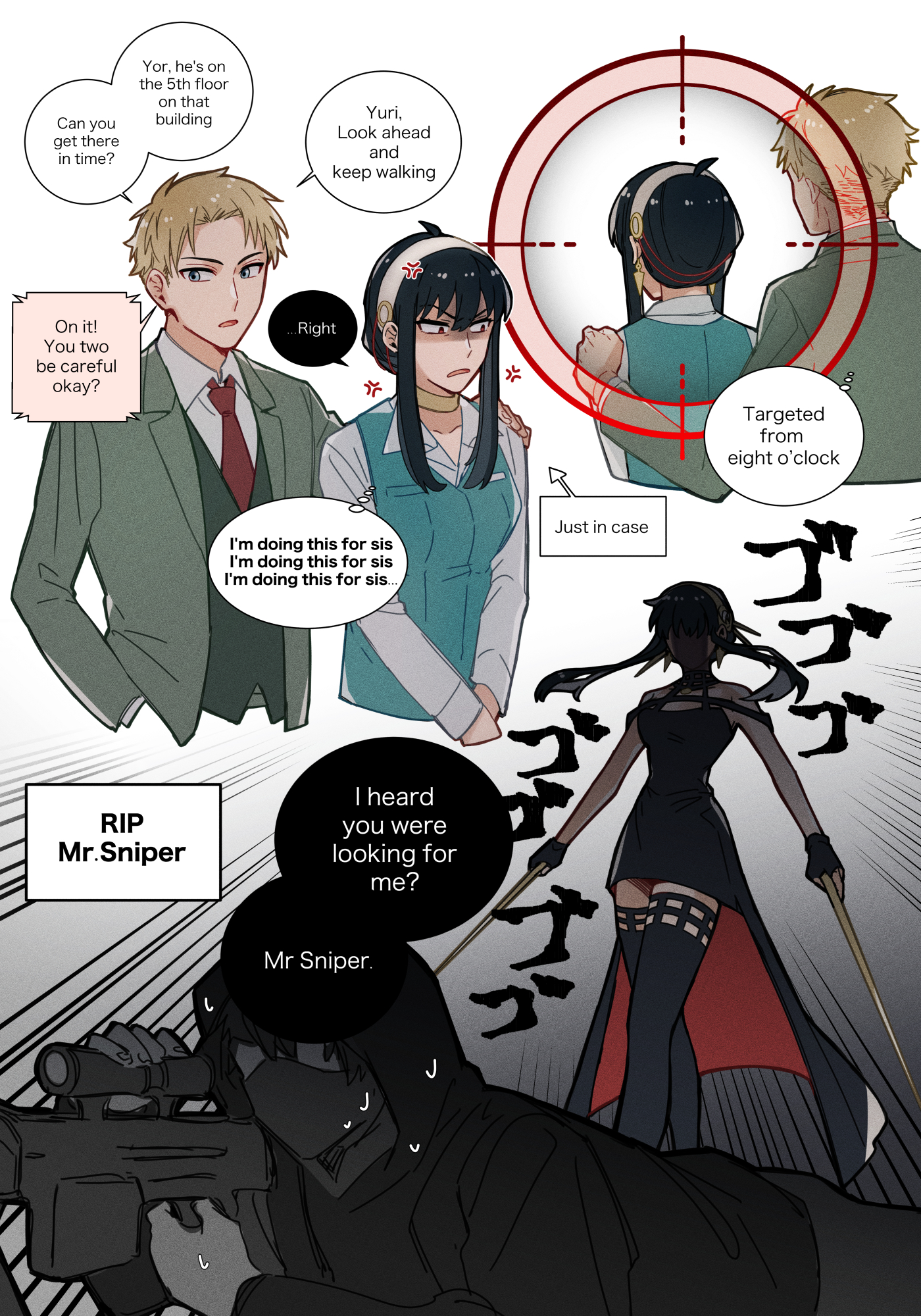 hanakan, twilight (spy x family), yor briar, yuri briar, spy x family, commentary, english commentary, highres, 1girl, 3boys, anger vein, aqua vest, arm around shoulder, black boots, black dress, black gloves, black hair, blonde hair, boots, breasts, brother and sister, cleavage, collared shirt, cosplay, cropped torso, crossdressing, crossdressing (mtf), crosshair, dagger, dress, dual wielding, earrings, english text, fingerless gloves, formal clothes, from behind, furrowed brow, gloves, gold earrings, gold hairband, green jacket, green suit, green vest, gun, hairband, hand in pocket, high-low dress, holding, holding weapon, jacket, jewelry, knife, long hair, looking at another, looking through scope, mask, medium breasts, mouth mask, multiple boys, necktie, open mouth, parted bangs, red dress, red eyes, red necktie, rifle, shaded face, shirt, short hair, siblings, sidelocks, sniper rifle, stiletto (weapon), suit, suit jacket, sweatdrop, thigh boots, two-sided dress, two-sided fabric, upper body, vest, waistcoat, weapon, white background, white hairband, white shirt, yor briar (cosplay)