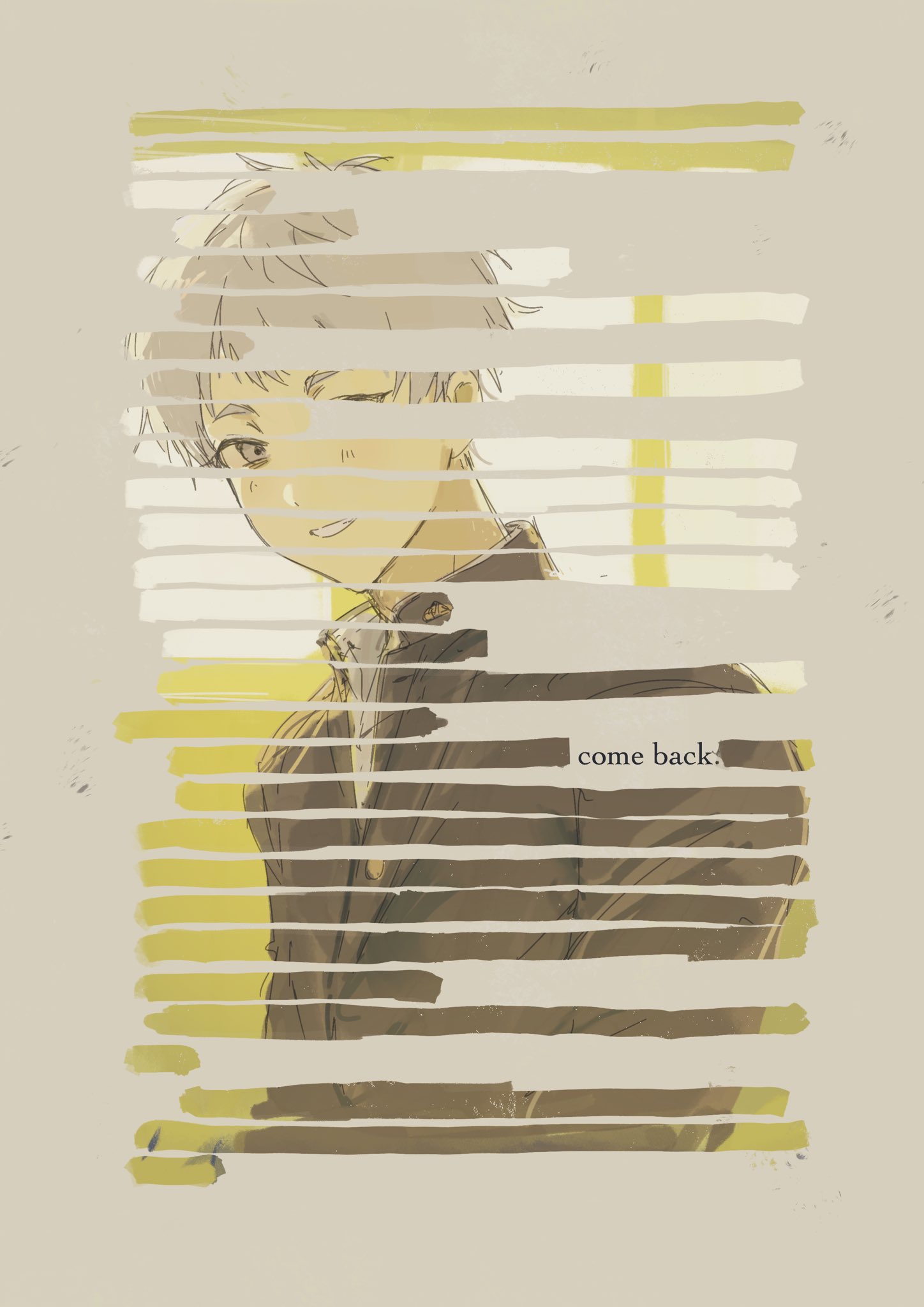 hikaru ga shinda natsu, highres, 1boy, collared shirt, english text, gakuran, indou hikaru (human), looking at viewer, male focus, open collar, school uniform, shirt, short hair, solo, uni8o8, upper body, white hair, white shirt