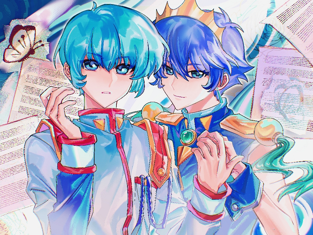 kaoru kozue, kaoru miki, shoujo kakumei utena, chinese commentary, commentary, 1boy, 1girl, aiguillette, birthday, blue dress, blue eyes, blue hair, blue wrist cuffs, brother and sister, bug, butterfly, dress, insect, jacket, long sleeves, meimeitou tufei, paper, short hair, siblings, sleeveless, sleeveless dress, tiara, twins, white jacket, wrist cuffs