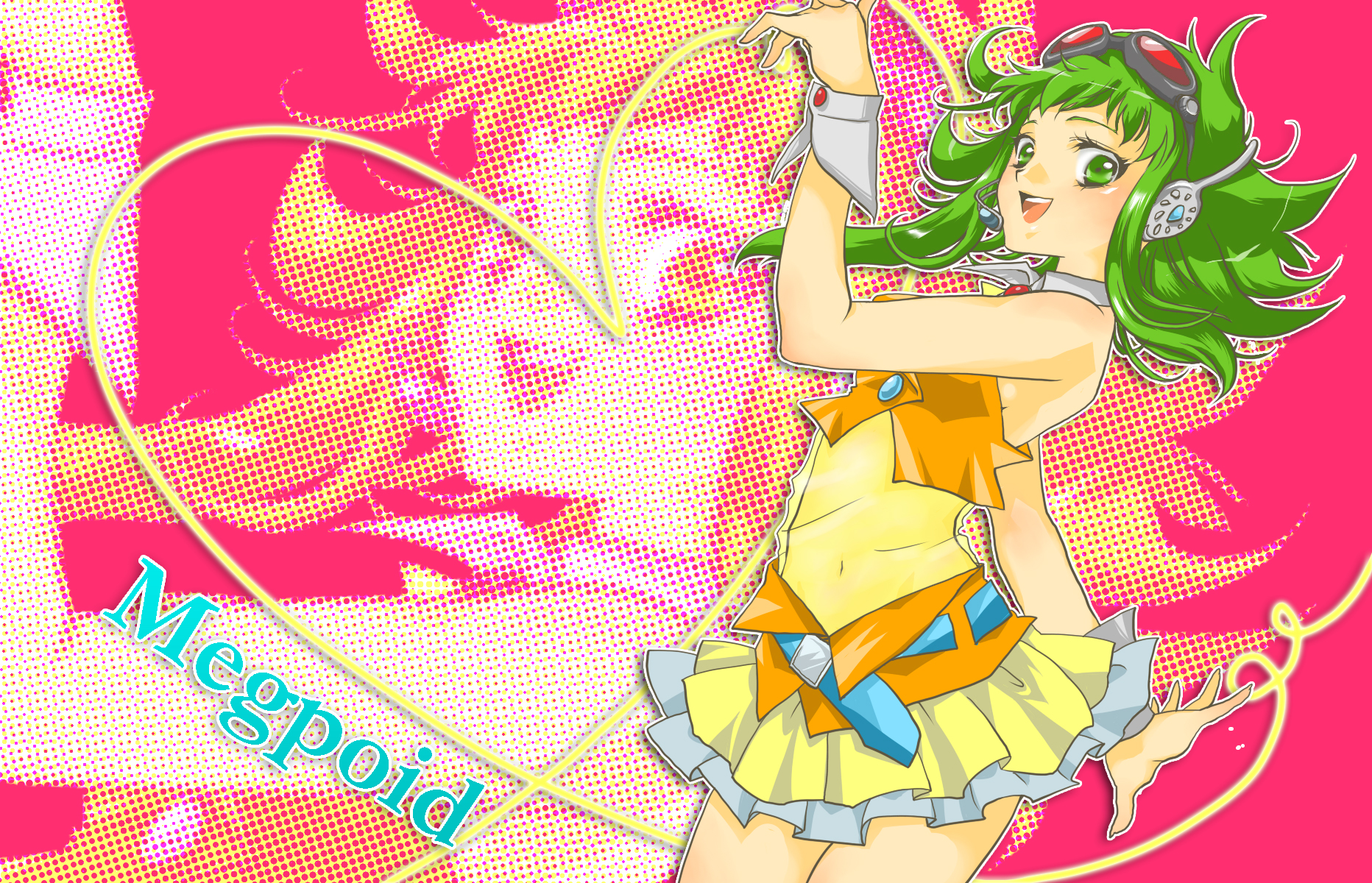 ringo1201, gumi, megpoid, vocaloid, highres, 1girl, belt, female focus, goggles, goggles on head, green eyes, green hair, headphones, headset, matching hair/eyes, sleeveless, solo, wrist cuffs, zoom layer