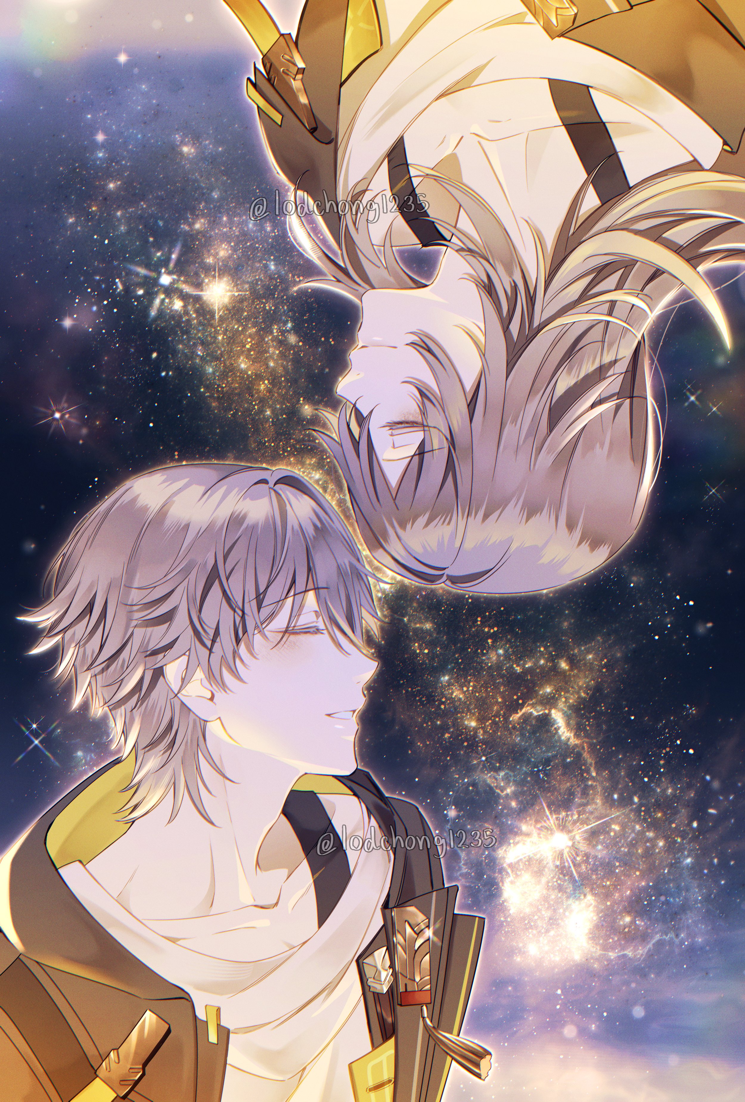 caelus (honkai: star rail), stelle (honkai: star rail), trailblazer (honkai: star rail), honkai: star rail, honkai (series), absurdres, commentary, english commentary, highres, 1boy, 1girl, artist name, black coat, black jacket, blush, closed eyes, closed mouth, coat, collarbone, dual persona, grey hair, hair between eyes, hood, hooded coat, jacket, lapels, lodchong1235, long hair, long sleeves, milky way, open clothes, open coat, open jacket, shirt, short hair, sidelocks, smile, space, star (sky), starry sky background, t-shirt, tassel, teeth, two-sided coat, two-sided fabric, upper body, upside-down, white shirt, yellow coat