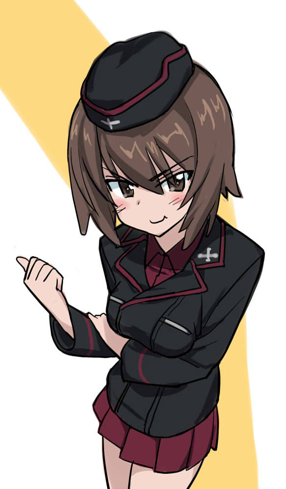 rabbit inoue, nishizumi maho, girls und panzer, commentary request, 1girl, black jacket, brown eyes, brown hair, cross, eyes visible through hair, garrison cap, hair between eyes, hand on own arm, hat, iron cross, jacket, kuromorimine military uniform, long sleeves, looking at viewer, military, military hat, military jacket, military uniform, miniskirt, red shirt, red skirt, shirt, short hair, simple background, skirt, smile, smug, solo, thumbs up, white background