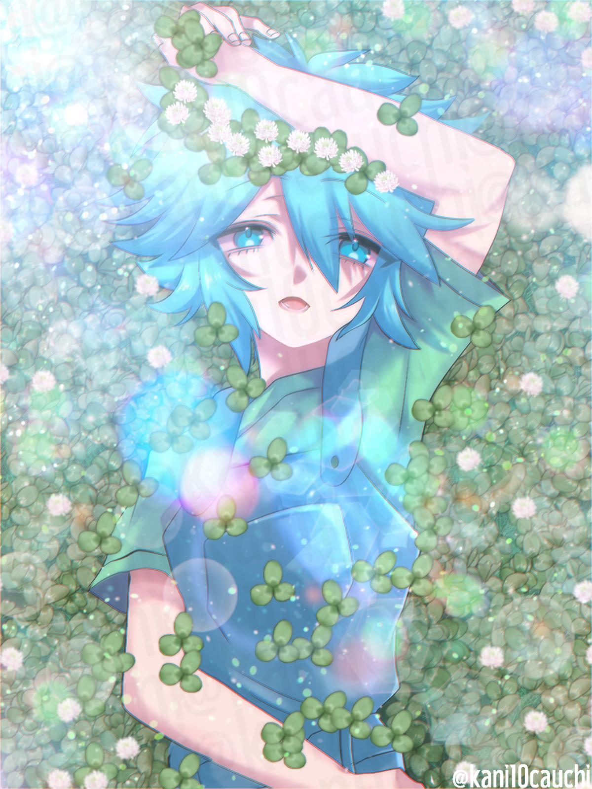 kauchi (kani10cauchi), basil (headspace) (omori), basil (omori), omori, commentary request, highres, 1boy, arm up, blue overalls, clover, double-parted bangs, green eyes, green hair, green shirt, hair between eyes, looking at viewer, lying, male focus, on back, open mouth, overalls, shirt, short hair, short sleeves, sidelocks, solo, t-shirt, too many watermarks, twitter username, upper body, watermark