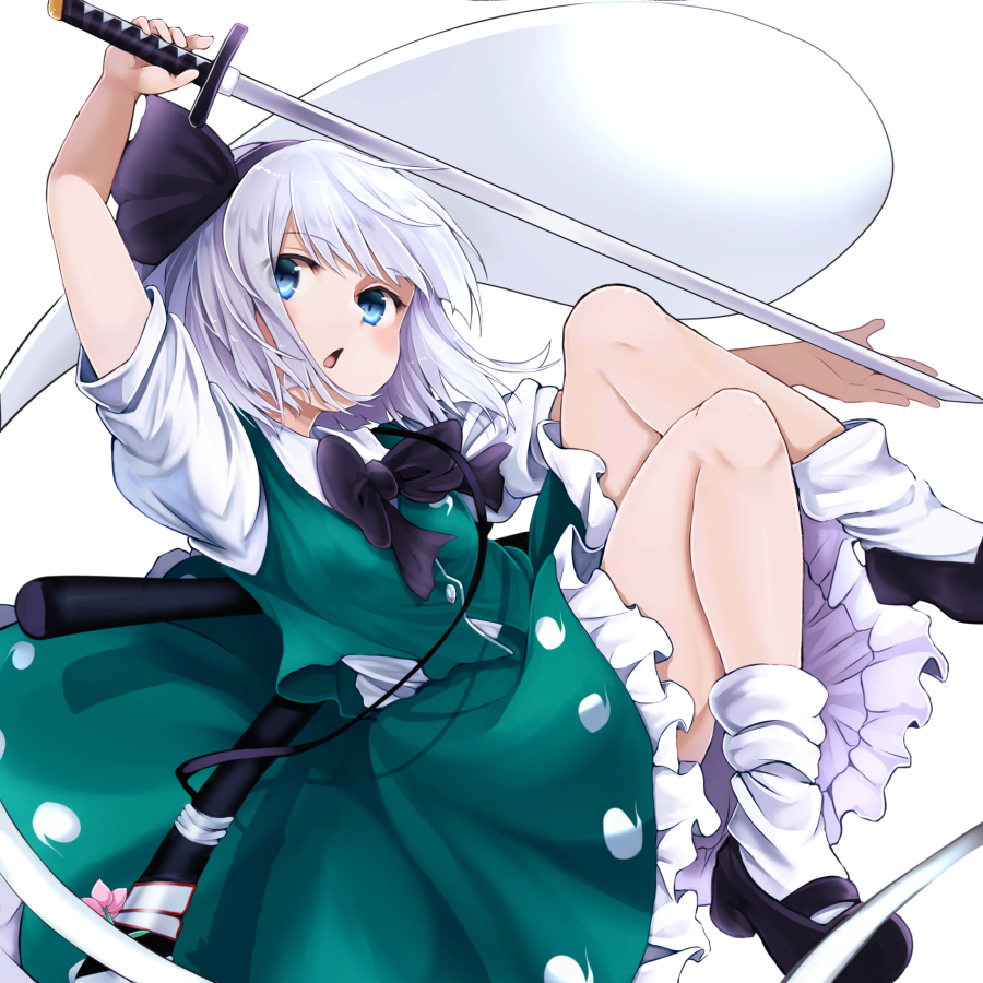 chikuwa savy, konpaku youmu, konpaku youmu (ghost), touhou, commentary request, 1girl, arm up, black bow, black bowtie, black hairband, black ribbon, black shoes, blue eyes, bow, bowtie, frilled skirt, frills, green skirt, green vest, hair ribbon, hairband, hitodama, holding, holding sword, holding weapon, katana, knees up, long skirt, looking at viewer, looking up, loose socks, mary janes, outstretched arm, parted lips, puffy short sleeves, puffy sleeves, ribbon, shirt, shoes, short hair, short sleeves, simple background, skirt, skirt set, socks, solo, sword, vest, weapon, white background, white hair, white shirt, white socks