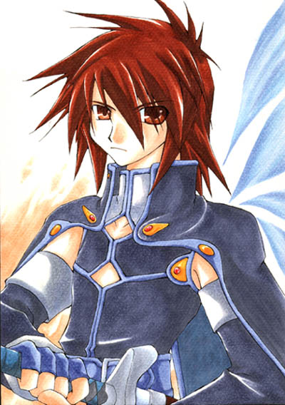 kratos aurion, tales of (series), tales of symphonia, 00s, brown eyes, brown hair, fingerless gloves, gloves, short hair, simple background, sword, weapon