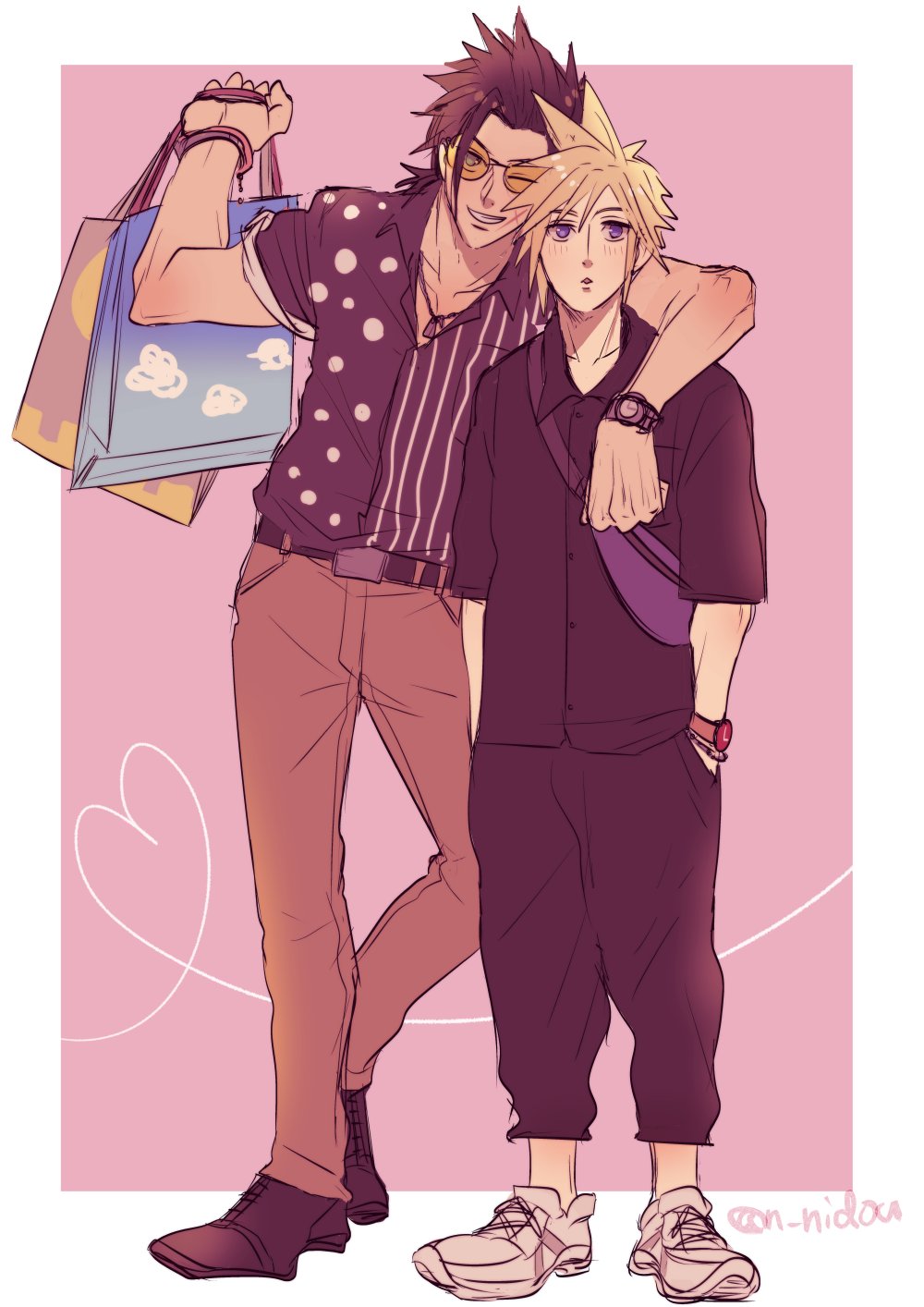 nidou (rechlo), cloud strife, zack fair, final fantasy, final fantasy vii, commentary request, highres, 2boys, alternate costume, arm around neck, bag, black hair, black pants, black shirt, blonde hair, blue eyes, border, brown pants, casual, full body, glasses, hands in pockets, holding, holding bag, looking at viewer, male focus, multiple boys, outside border, pants, shirt, short hair, spiked hair, standing, straight-on, twitter username, watch, white border, wristwatch