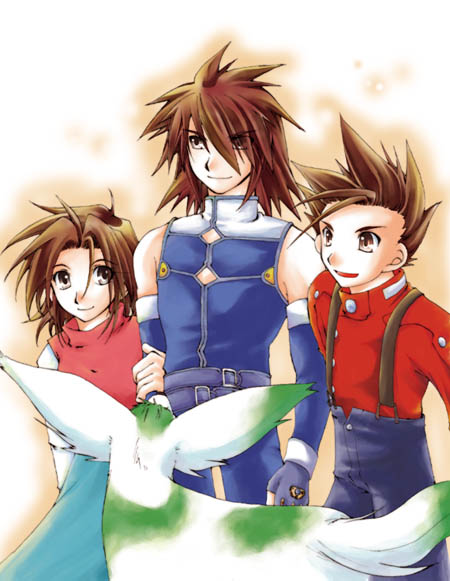 anna irving, kratos aurion, lloyd irving, tales of (series), tales of symphonia, 00s, brown hair, family, short hair, simple background, smile