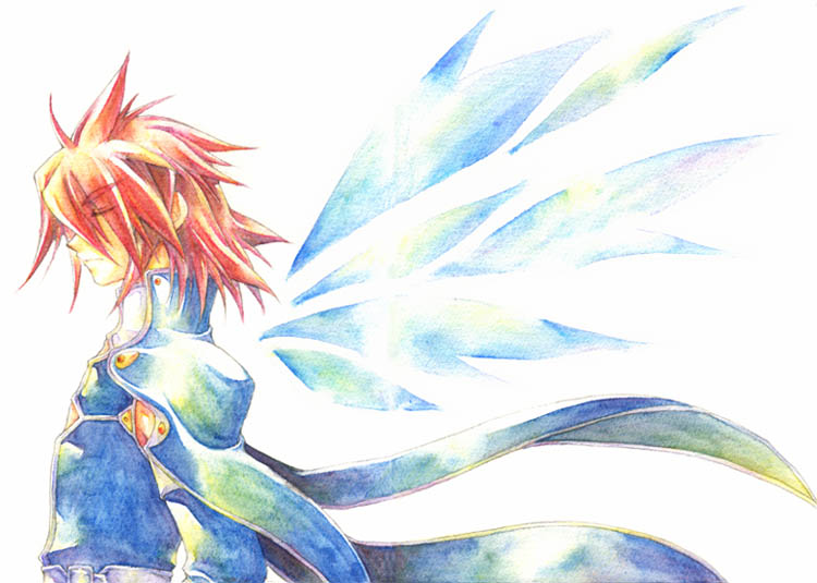 kratos aurion, tales of (series), tales of symphonia, 00s, 1boy, closed eyes, male focus, red hair, short hair, simple background, solo, white background, wings
