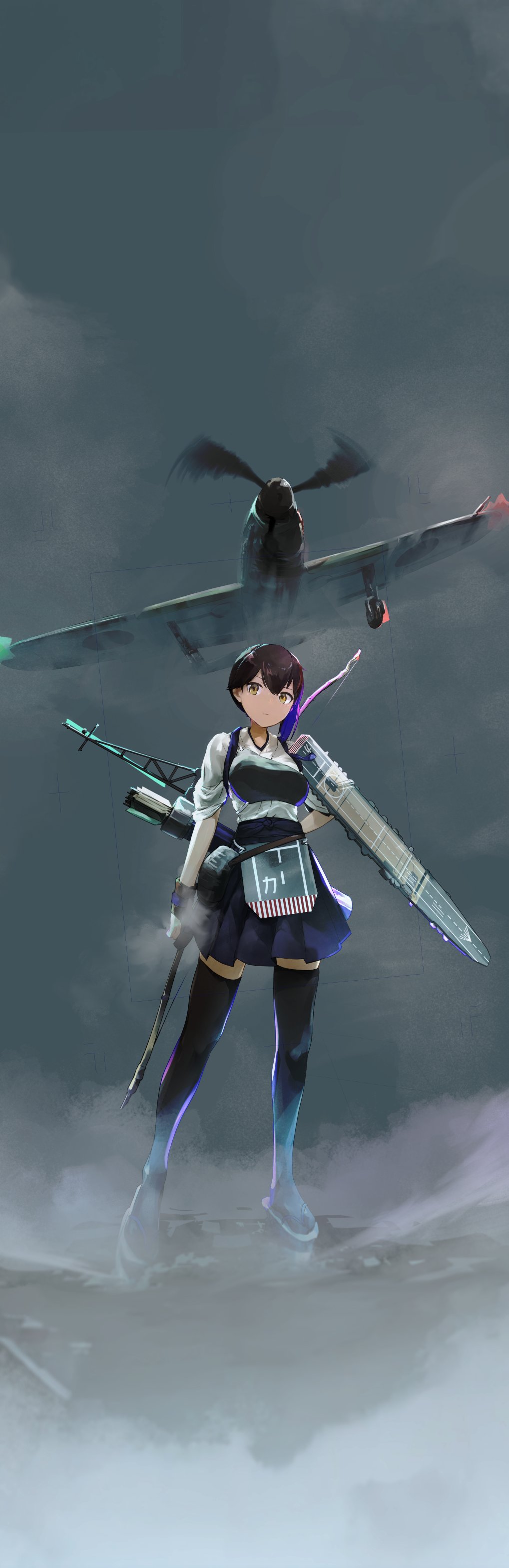 wokyu (houkago no megane), kaga (kancolle), kantai collection, absurdres, commentary request, highres, 1girl, aircraft, airplane, blue hakama, bow (weapon), brown eyes, brown hair, d4y suisei, flight deck, full body, hakama, hakama short skirt, hakama skirt, japanese clothes, looking at viewer, mast, military vehicle, muneate, ocean, propeller, quiver, rigging, roundel, short hair, short side ponytail, side ponytail, skirt, tasuki, thighhighs, weapon