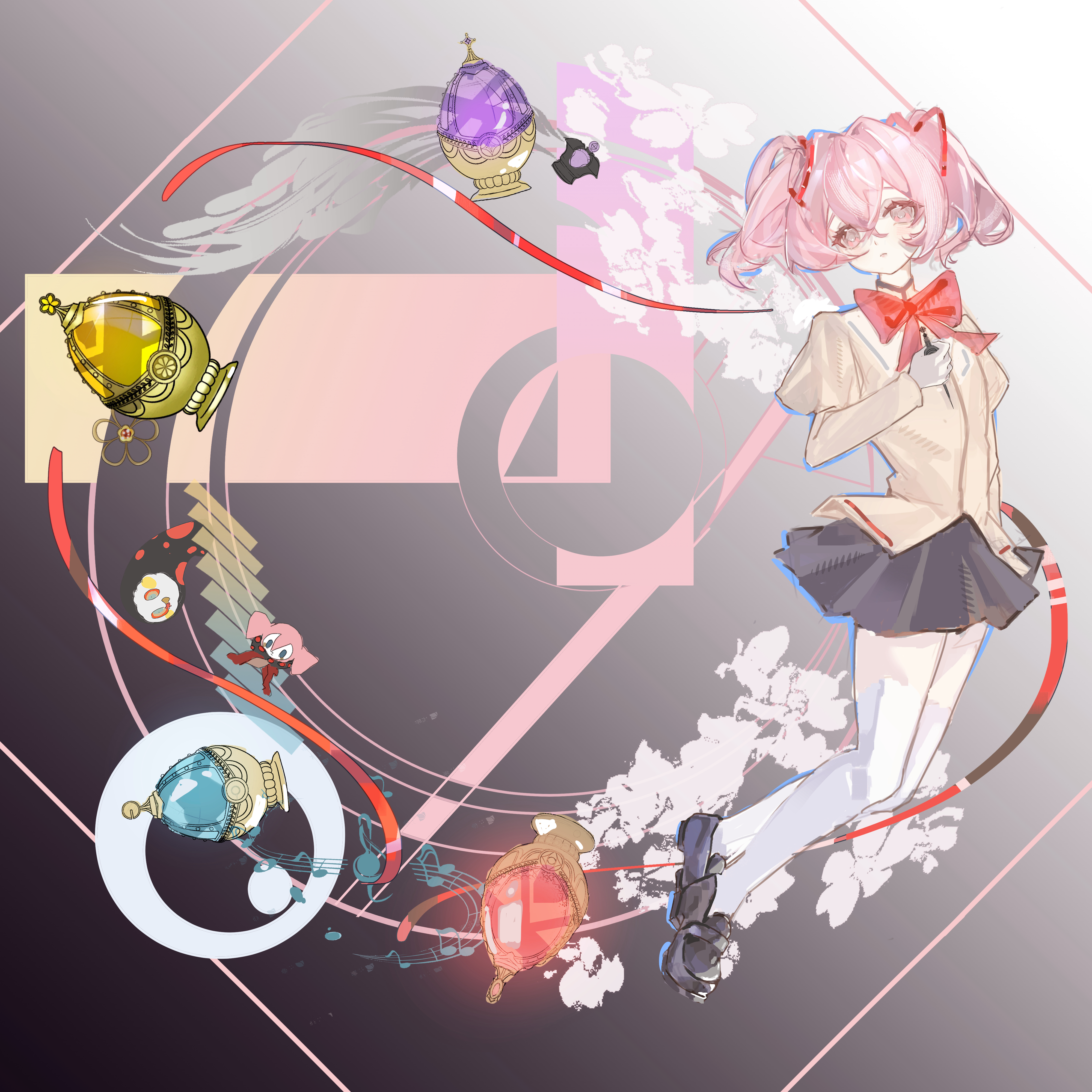 akemi homura, charlotte (madoka magica), kaname madoka, miki sayaka, sakura kyoko, tomoe mami, mahou shoujo madoka magica, absurdres, commentary request, highres, variant set, 1girl, black shoes, bow, bowtie, holding, loafers, meme request, miniskirt, mitakihara school uniform, no ying sakura, pink hair, red bow, red bowtie, school uniform, shoes, short twintails, skirt, soul gem, thighhighs, twintails, white thighhighs