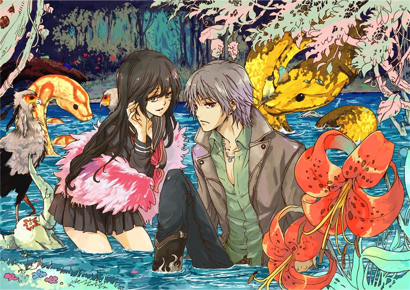 acm, original, silver hair, 1boy, 1girl, anaconda, animal, bird, black hair, couple, feather boa, fire lily, flower, hetero, jungle, lily (flower), nature, river, school uniform, serafuku, snake