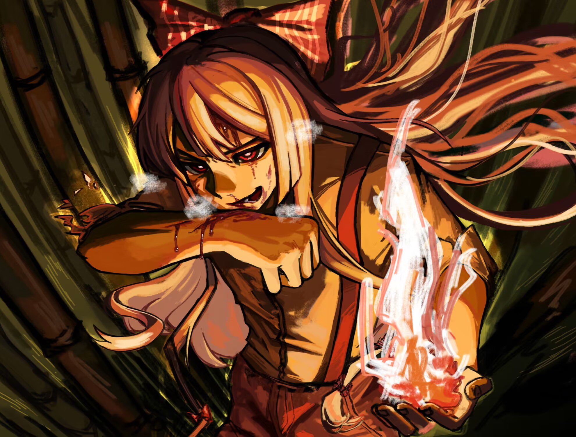 rlwezar, fujiwara no mokou, touhou, commentary, highres, 1girl, bamboo, bamboo forest, bleeding, blood, bow, fire, forest, grey hair, hair bow, injury, long hair, nature, open mouth, outdoors, pants, pyrokinesis, red eyes, red pants, shirt, sleeves rolled up, solo, suspenders, very long hair, white shirt