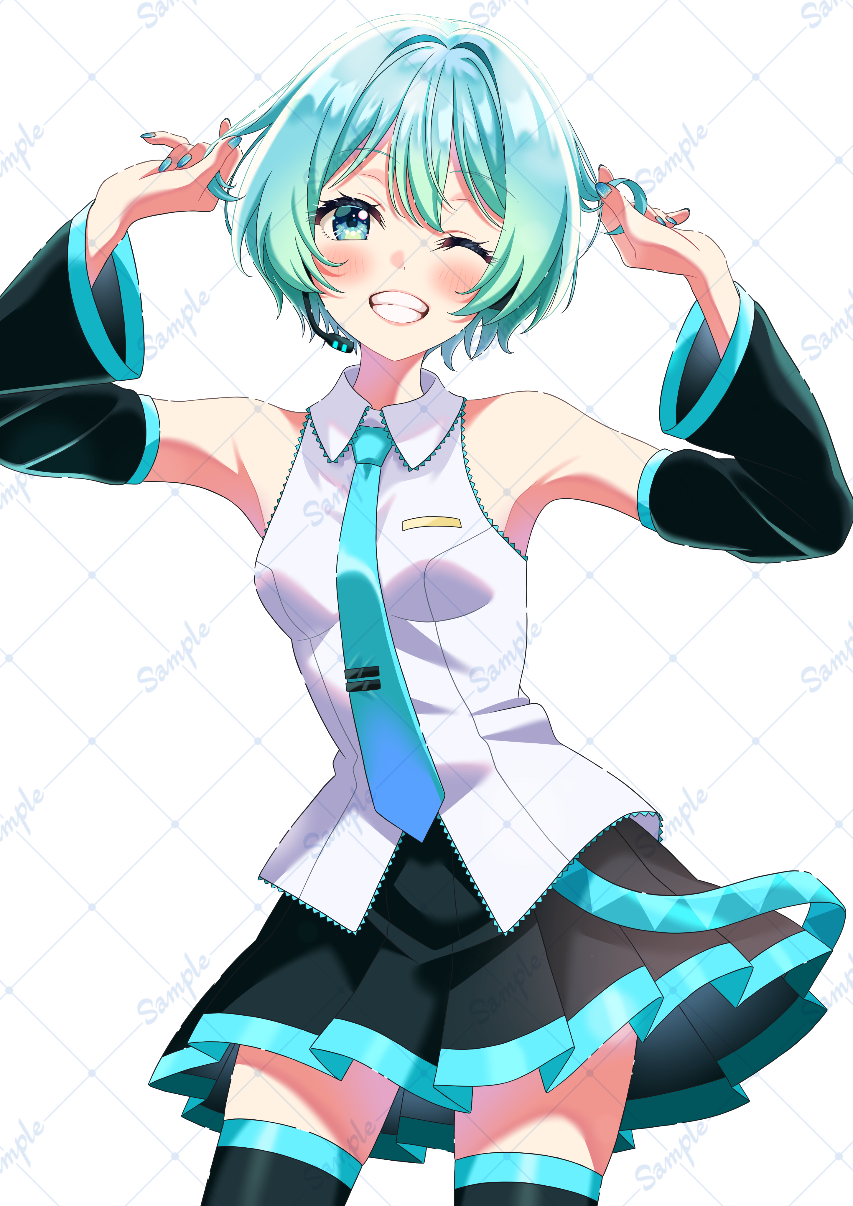 hatsune miku, vocaloid, absurdres, commentary request, highres, 1girl, alternate hair length, alternate hairstyle, aqua eyes, aqua hair, aqua nails, aqua necktie, bare shoulders, black skirt, black thighhighs, blush, breasts, collared shirt, cowboy shot, detached sleeves, eyelashes, fingernails, hachi8 hachi, holding, holding own hair, nail polish, necktie, one eye closed, shirt, short hair, skirt, smile, teeth, thighhighs, watermark, watermark grid, white background, white shirt