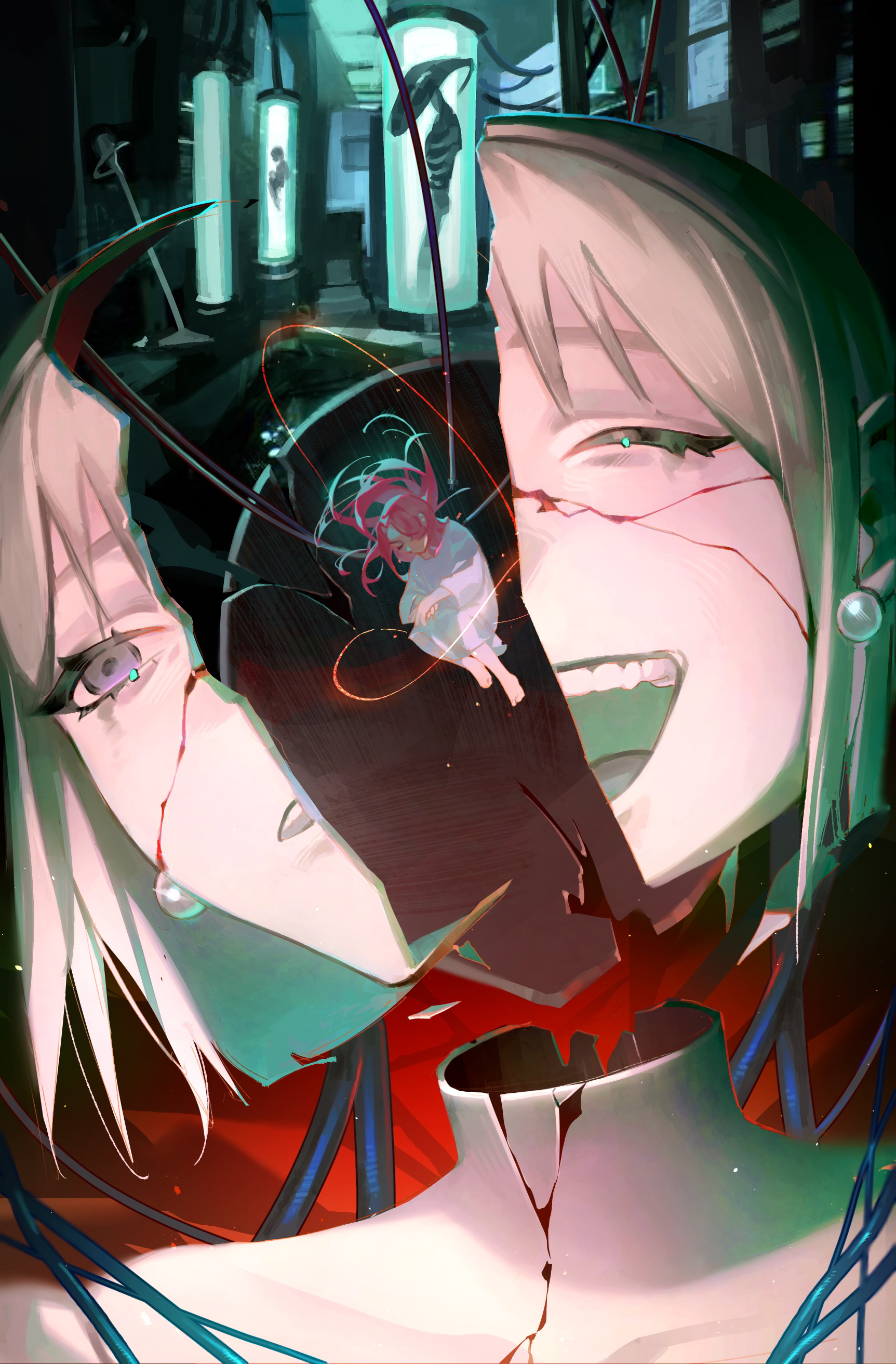 mizi (alien stage), sua (alien stage), alien stage, absurdres, commentary, english commentary, highres, 2girls, alien, barefoot, black hair, cable, closed eyes, doyngu, dress, earrings, jewelry, long hair, mini person, minigirl, multiple girls, open mouth, pearl earrings, pink hair, purple eyes, short hair, sphere earrings, stasis tank, teeth, white dress