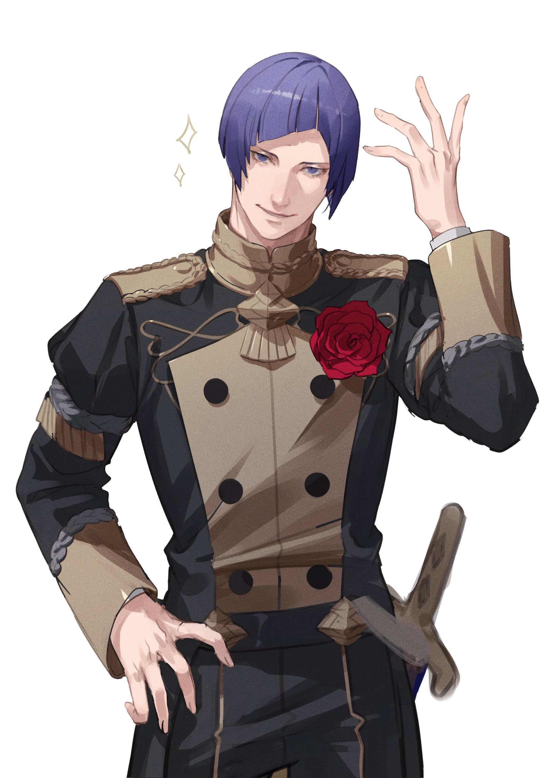 lorenz hellman gloucester, fire emblem, fire emblem: three houses, nintendo, absurdres, commentary request, highres, 1boy, diagonal bangs, flower, garreg mach monastery uniform, hmng sto, looking at viewer, purple eyes, purple hair, rose, solo, sword, weapon