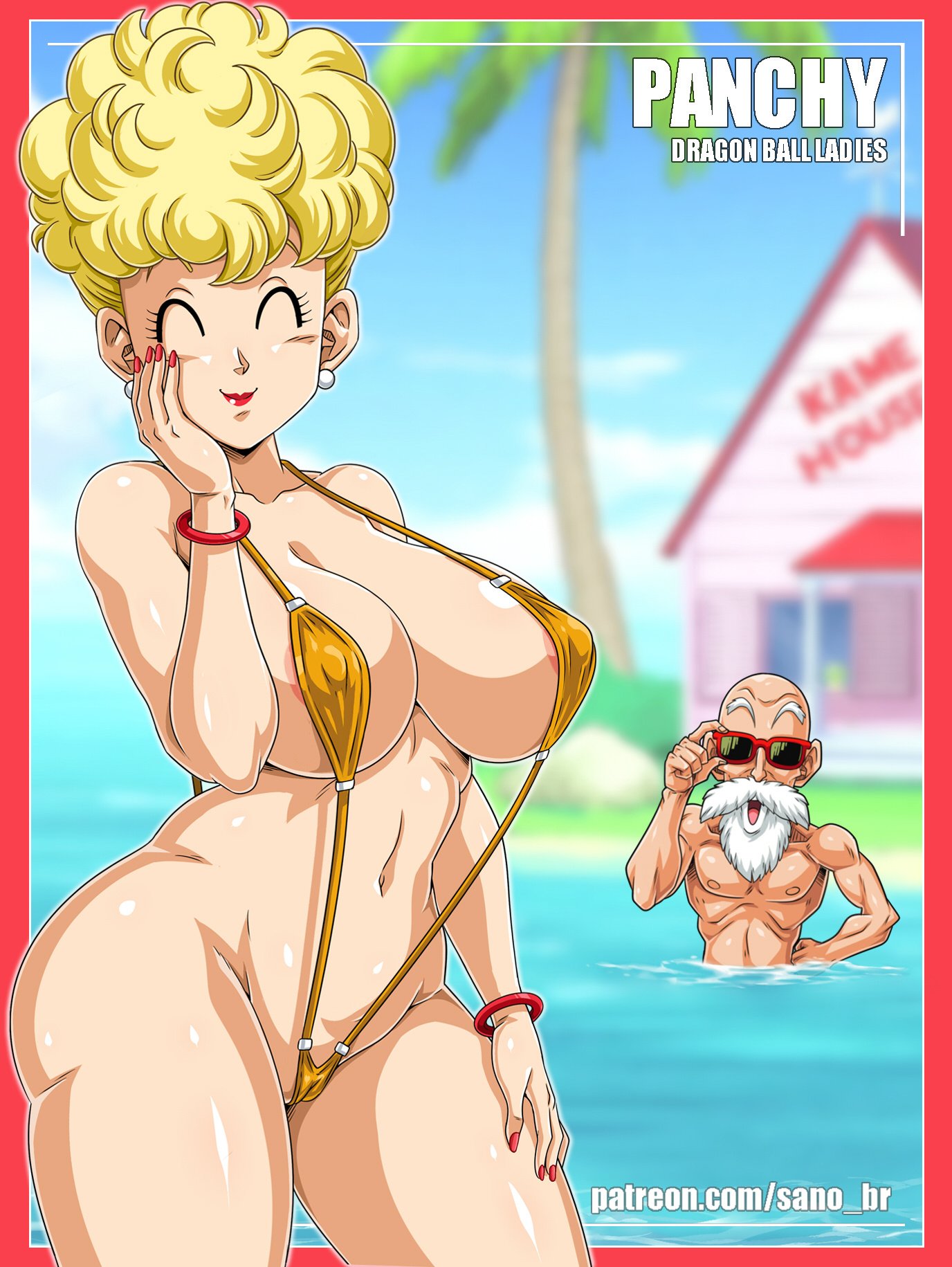 sano br, bikini (dragon ball), muten roushi, dragon ball, commentary, english commentary, highres, 1boy, 1girl, ass, beach, beard, blonde hair, bracelet, breasts, closed eyes, curvy, earrings, facial hair, glasses, jewelry, large breasts, mature female, nipple slip, nipples, ocean, palm tree, red lips, red nails, slingshot swimsuit, swimsuit, thick thighs, thighs, tree, white beard, wide hips