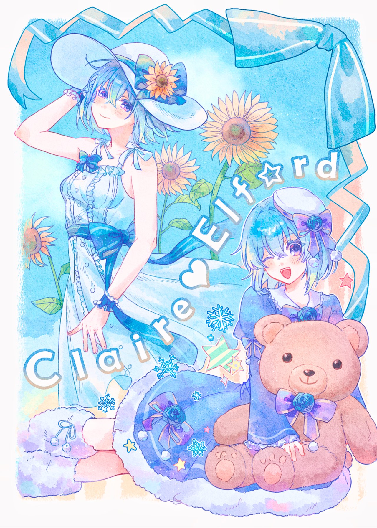 star handsanit, claire elford, witch's heart, commentary request, highres, 1girl, adjusting clothes, adjusting headwear, beret, blue bow, blue bowtie, blue dress, blue eyes, blue flower, blue hair, blue sky, boots, bow, bowtie, breasts, character name, closed mouth, dress, flower, frilled sleeves, frilled wrist cuffs, frills, fur-trimmed dress, fur boots, fur trim, hat, hat ornament, heart, holding, holding stuffed toy, long sleeves, looking at viewer, lying, medium breasts, medium hair, one eye closed, open mouth, ribbon, sky, smile, snowflakes, star (symbol), stuffed animal, stuffed toy, sun hat, sunflower, teddy bear, white boots, white dress, white hat, white ribbon, wrist cuffs