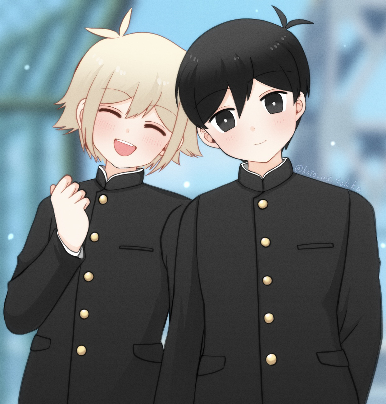 hisaho, basil (faraway) (omori), basil (omori), sunny (omori), omori, commentary request, highres, 2boys, alternate costume, antenna hair, black eyes, black hair, blonde hair, blurry, blurry background, blush, bright pupils, closed eyes, closed mouth, long hair, male focus, multiple boys, open mouth, school uniform, short hair, smile, teeth, upper teeth only, white pupils