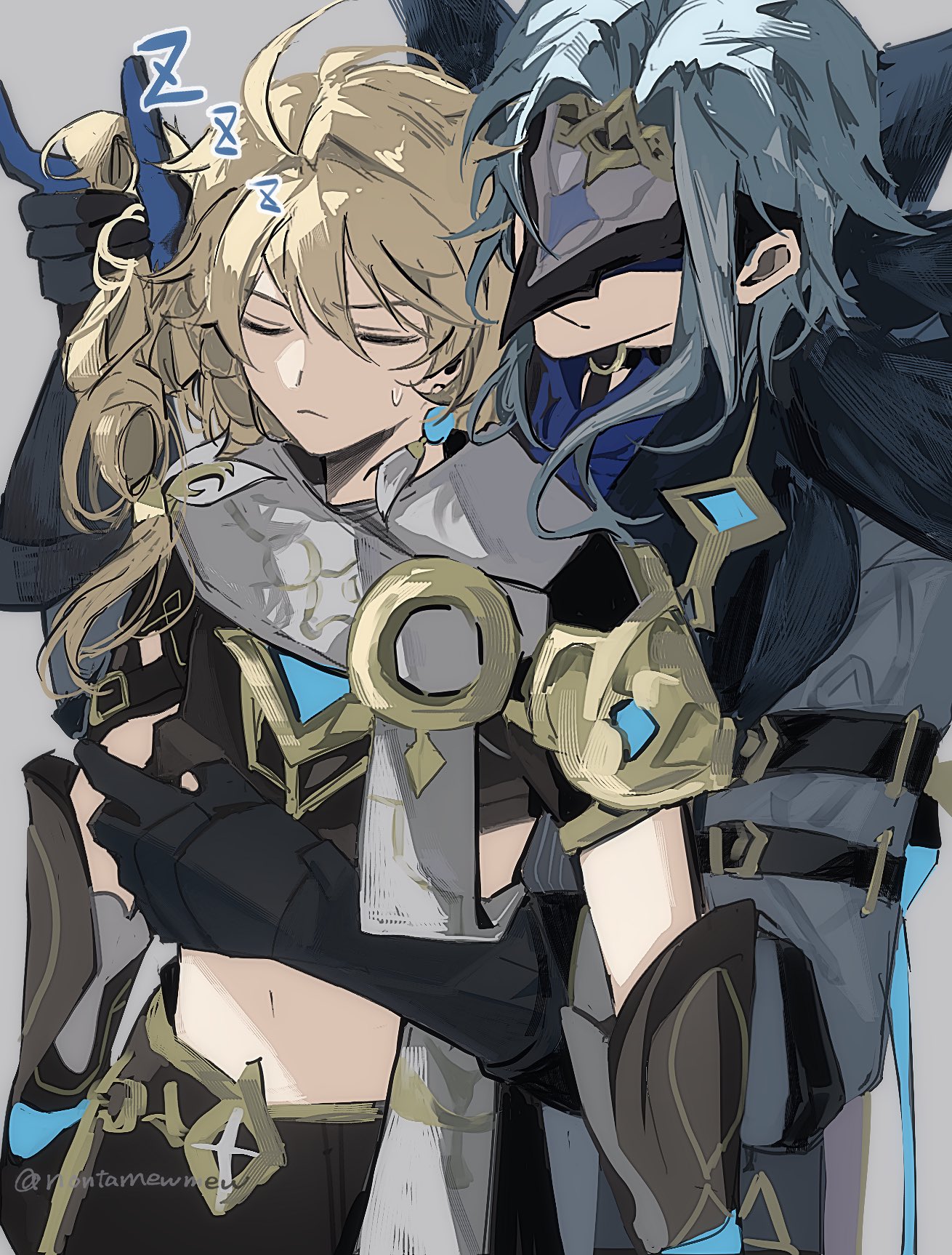 nontamewmew, aether (genshin impact), dottore (genshin impact), genshin impact, commentary request, highres, 2boys, ahoge, arm armor, armor, artist name, black choker, black gloves, black mask, black pants, black shirt, blonde hair, blue gloves, blue hair, blue shirt, braid, choker, closed eyes, closed mouth, covered eyes, earrings, eye mask, fur-trimmed jacket, fur trim, gloves, gold trim, grey background, hair between eyes, hand around waist, hand up, holding another's hair, jacket, jewelry, long hair, long sleeves, low-braided long hair, low-tied long hair, male focus, mask, midriff, multiple boys, navel, o-ring, o-ring choker, pants, scarf, shirt, short hair, short sleeves, shoulder armor, sidelocks, simple background, single braid, single earring, smile, star (symbol), sweatdrop, two-sided gloves, v-shaped eyebrows, wavy hair, white jacket, white scarf, yaoi