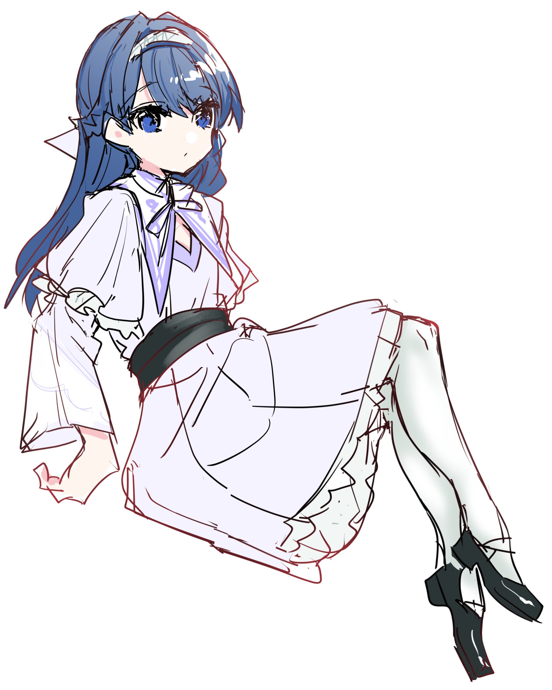 kanduki kamibukuro, murano sayaka, link! like! love live!, love live!, commentary request, highres, 1girl, ao to shabon, black shoes, blue eyes, blue hair, cleavage cutout, clothing cutout, dress, frilled dress, frills, full body, grey dress, half updo, invisible chair, layered sleeves, long hair, long sleeves, looking at viewer, medium dress, pantyhose, shoes, short over long sleeves, short sleeves, simple background, sitting, solo, virtual youtuber, white background, white pantyhose