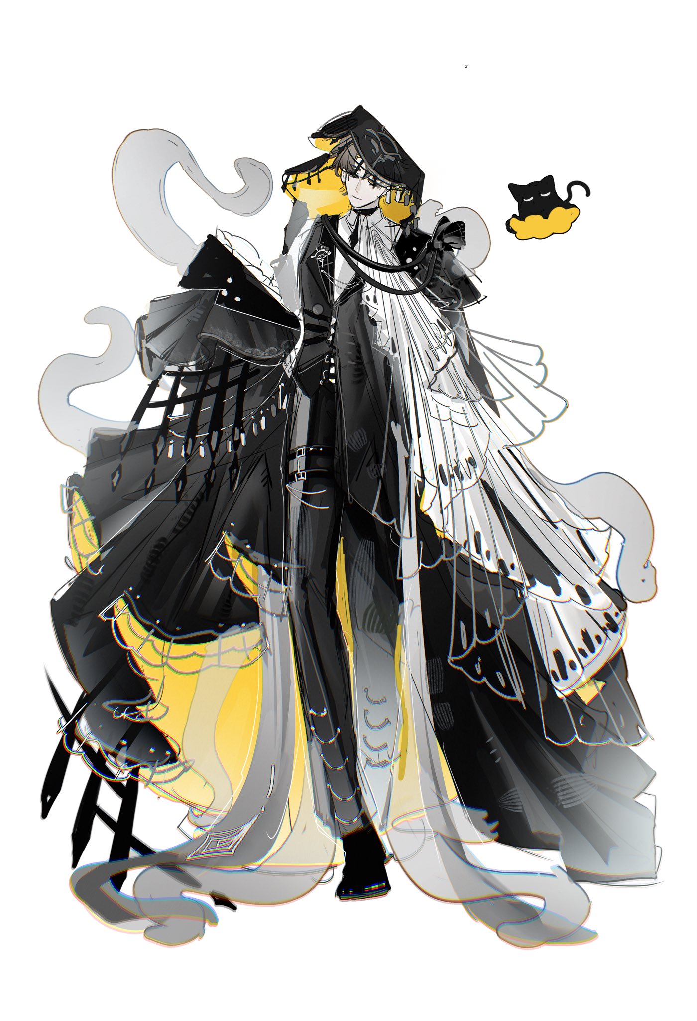 klein moretti, lord of the mysteries, highres, 1boy, black cat, black hair, black jacket, black pants, black shoes, cat, chromatic aberration, cloak, covered eyes, full body, jacket, light smile, long sleeves, male focus, pants, shirt, shoes, simple background, solo, tentacles, thigh strap, toutong6, two-sided cloak, two-sided fabric, veil, white background, white shirt