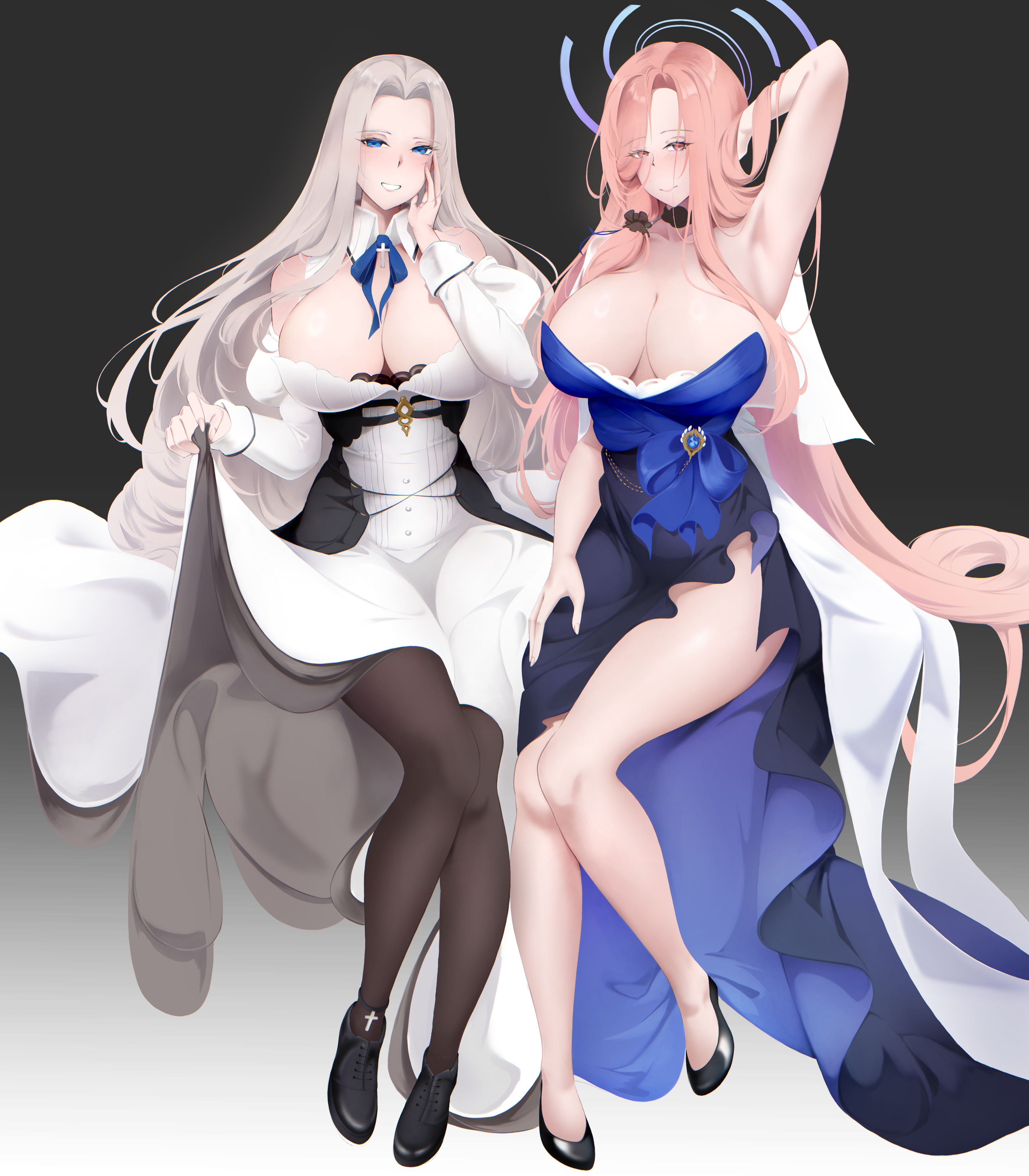 dddtriple, lexington (azur lane), lexington ii (azur lane), yorktown (azur lane), yorktown ii (azur lane), azur lane, absurdres, commentary, english commentary, highres, 1girl, armpits, black background, black dress, black pantyhose, black shoes, blue dress, blue eyes, breasts, closed mouth, dress, full body, gradient background, hand on own cheek, hand on own face, large breasts, long hair, looking at viewer, pantyhose, parted bangs, pink eyes, pink hair, shoes, simple background, smile, solo, two-tone dress, white dress, white hair