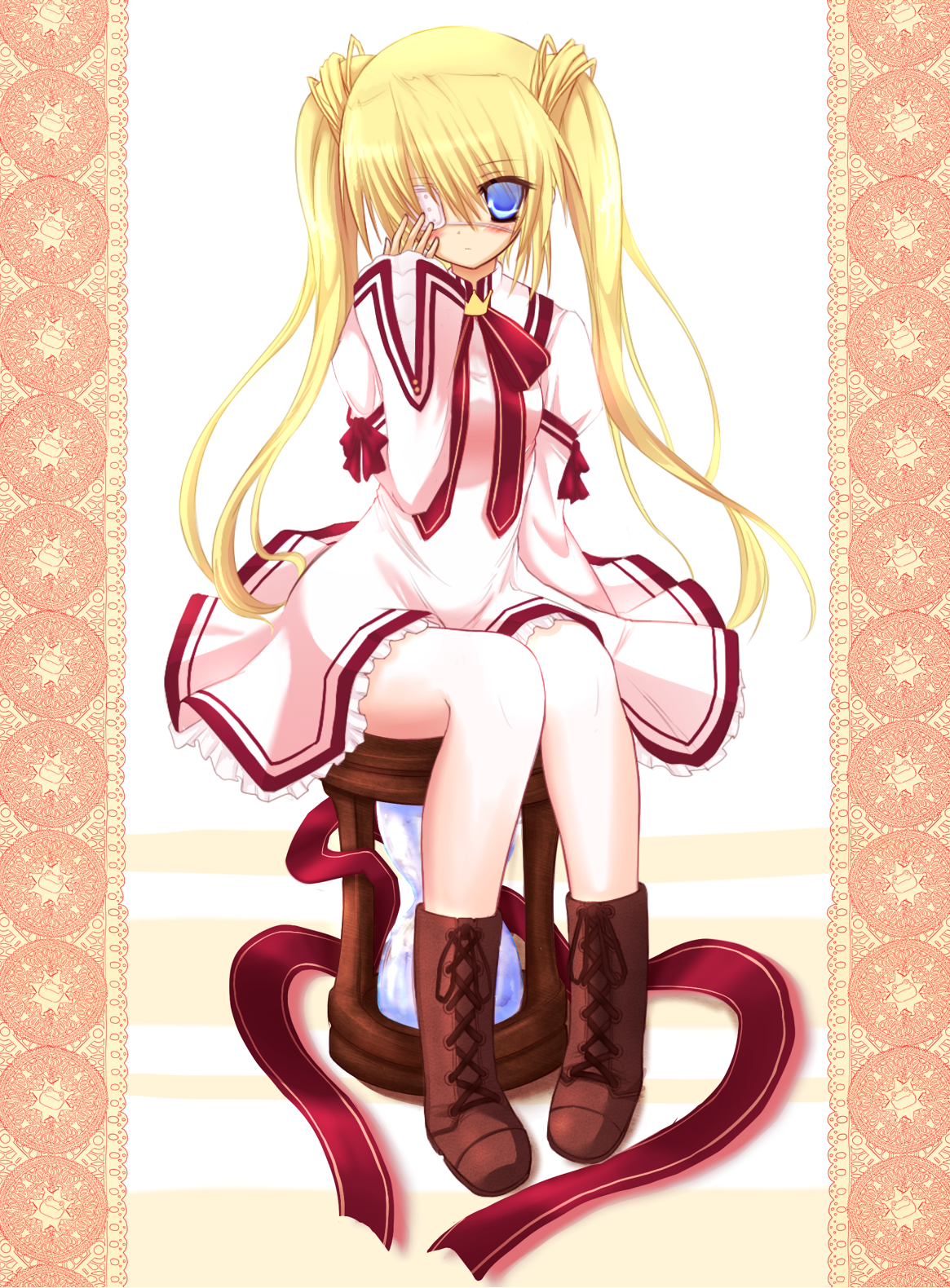 sato toshiya, nakatsu shizuru, rewrite, artist request, bad id, bad pixiv id, highres, 10s, blonde hair, eyepatch, sitting, solo, twintails